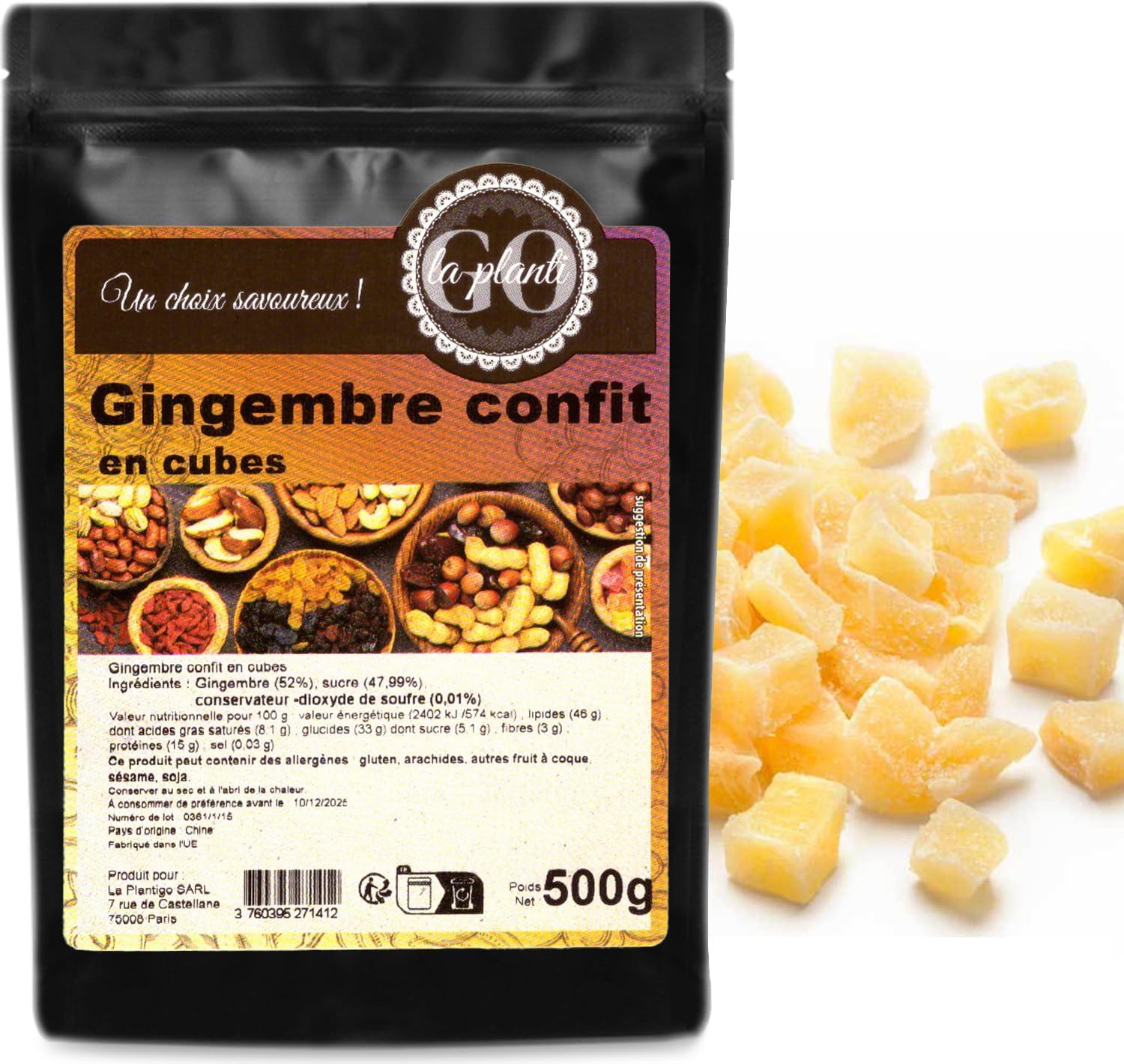 Candied Ginger Cubes 500 g - LA PLANTIGO A Tasty Choice, Superior Quality, Bag with Zip - Image 2