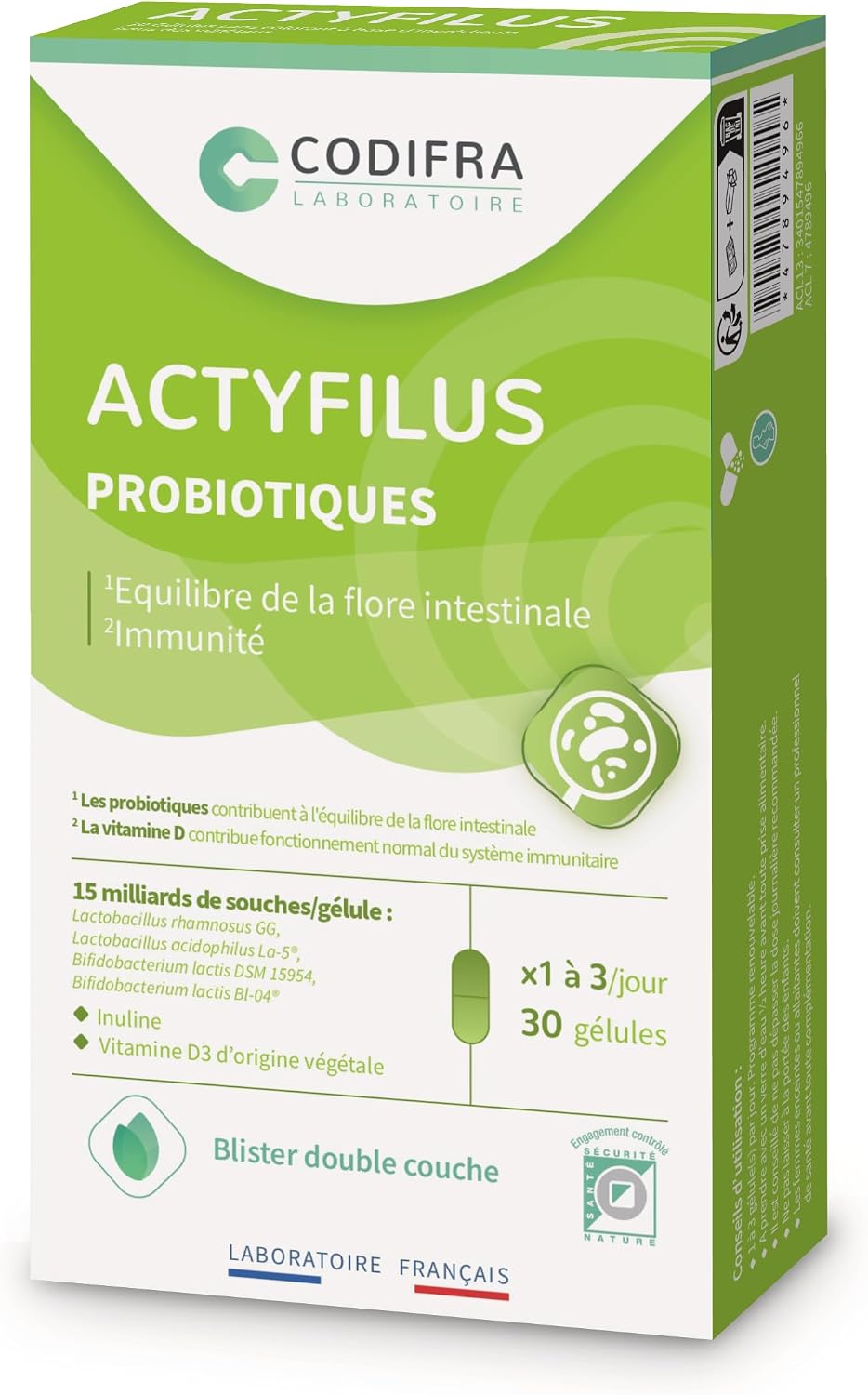 Codifra - Actyfilus, Immunity and Intestinal Flora Dietary Supplement - 4 Strains of Probiotics + Inulin + Vitamin D3-15 Billion CFUs per Capsule - Made in France - 30 Capsules - Image 2