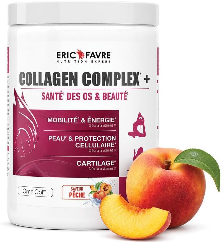 Collagen Complex + Hydrolysed Bovine Collagen Type 1 to 5 - Joints, Mobility and Energy - Beauty and Antioxidant - Vitamin C, Hyaluronic Acid - 300 g - Peach Flavour - Eric Favre - Image 2