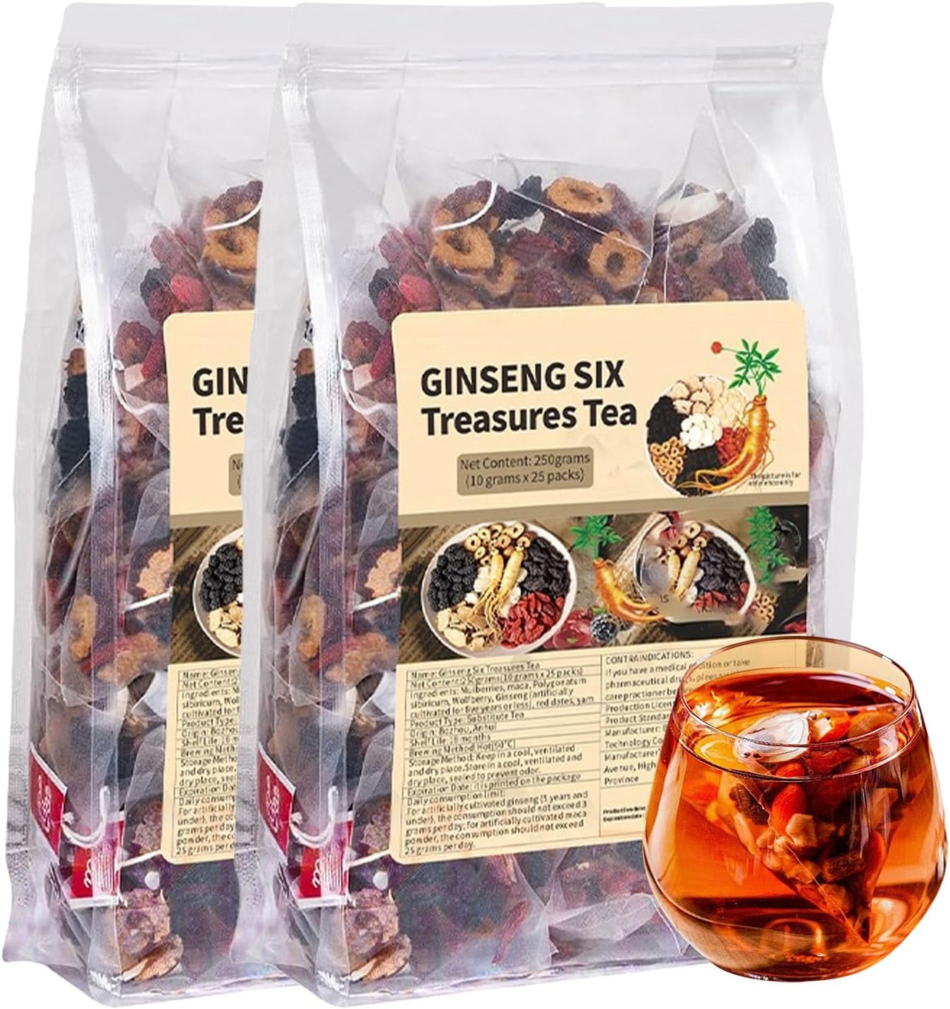 Ginseng Six Treasure Tea, Kidney Tea Formula Ginseng Six Treasure Teas for Daily Wellness, Mulberry, Goji Berry, Red Date | 30 Tea Bags for Men & Women (2 Pack) - Image 2
