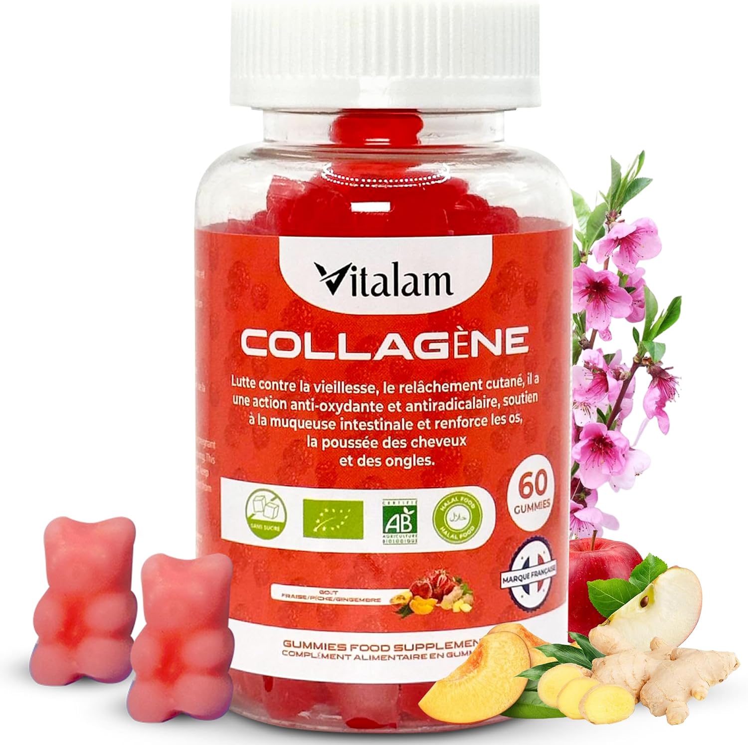 Gummies Pure Marine Collagen, Marine Collagen, Rejuvenates Skin, Strengthens Bones, Nails & Hair Growth, Dietary Supplements - Sugar Free - Strawberry, Peach & Apple Flavour - Image 2
