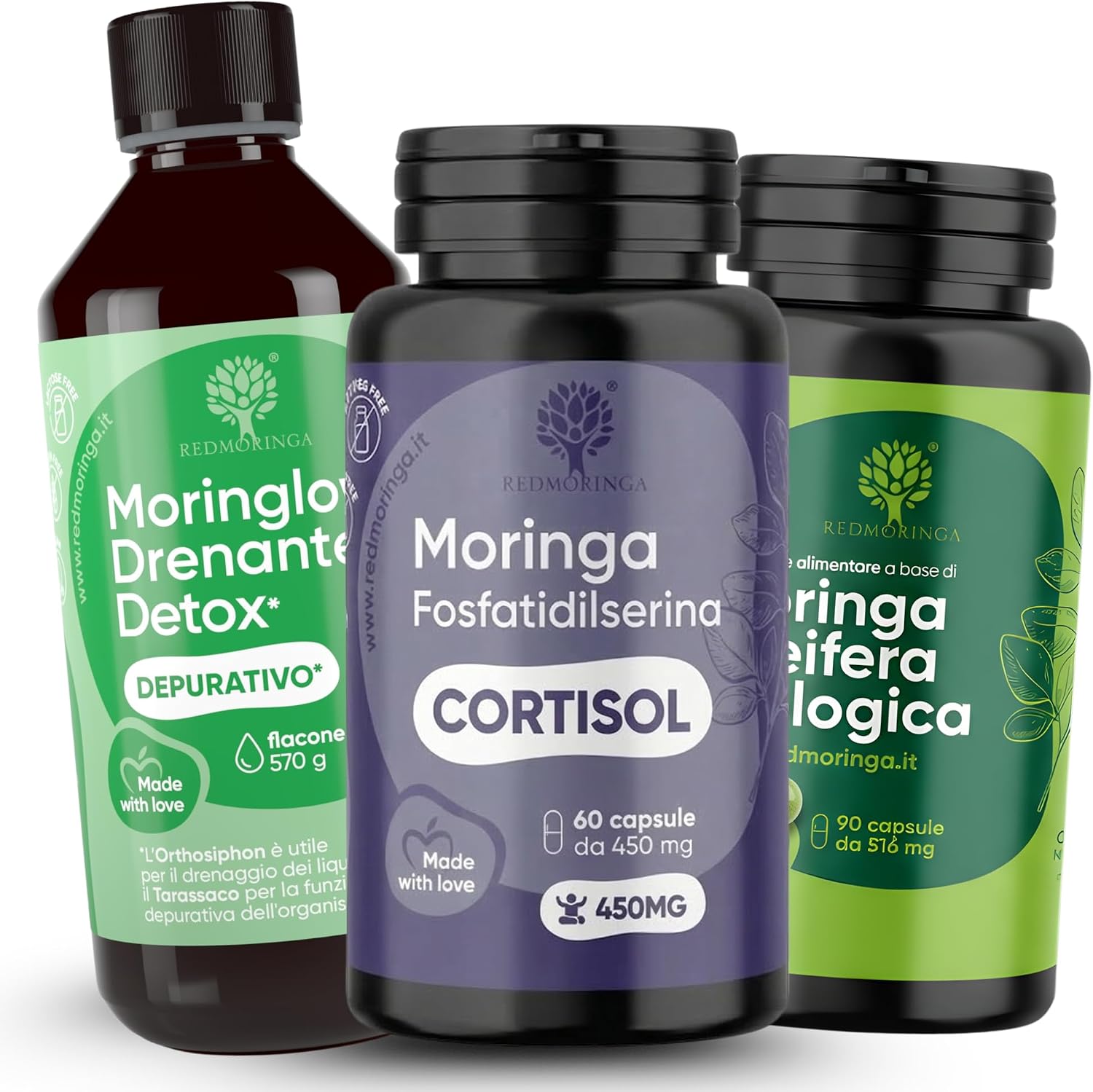 Low Cortisol Women - Phosphatidylserine 450 mg + Organic Moringa + Liquid Drainage 11 Herbs with Dandelion, Birch, Pineapple - Stress, Liver Purification and Retention - Made in Italy RedMoringa - Image 2