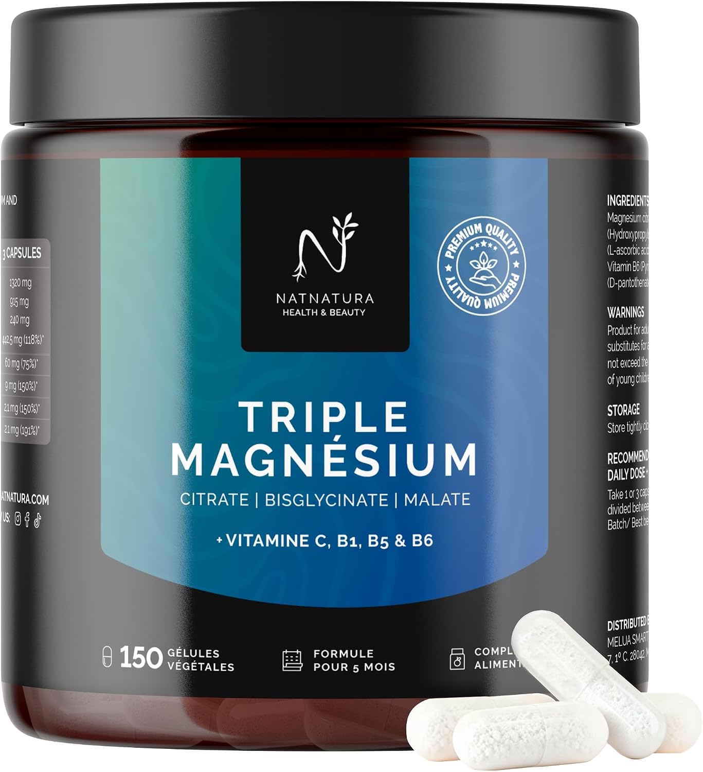 Magnesium Triple 295 mg - Citrate + Malate + Magnesium Bisglycinate | 150 Capsules - Up to 5 Months of Cure | With Vitamins B1 B5 B6 C | Reduces Fatigue and Supports Muscles | Natnatura - Image 2