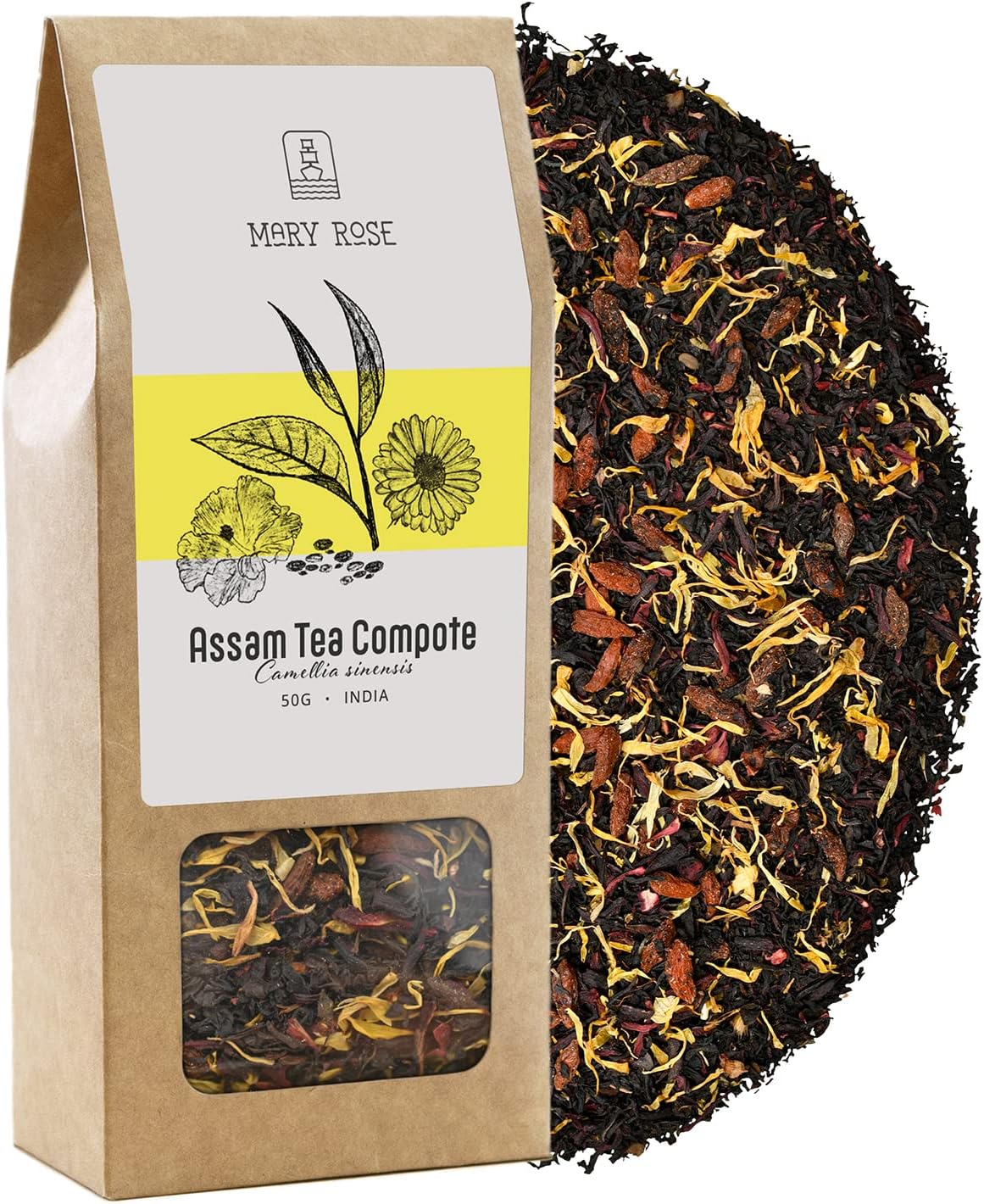Mary Rose Black Tea Assam Compote | Indian Assam Tea | Black Tea with Hibiscus, Calendula & Goji Berries | Natural Additives | Theine Source | Natural Stimulation | 50g - Image 2
