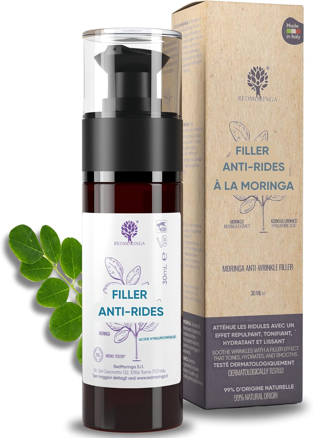 RedMoringa Anti-Wrinkle Filling Serum – 98% Natural – Pure Hyaluronic Acid and Moringa Face – 30 ml – Made in Italy - Image 2