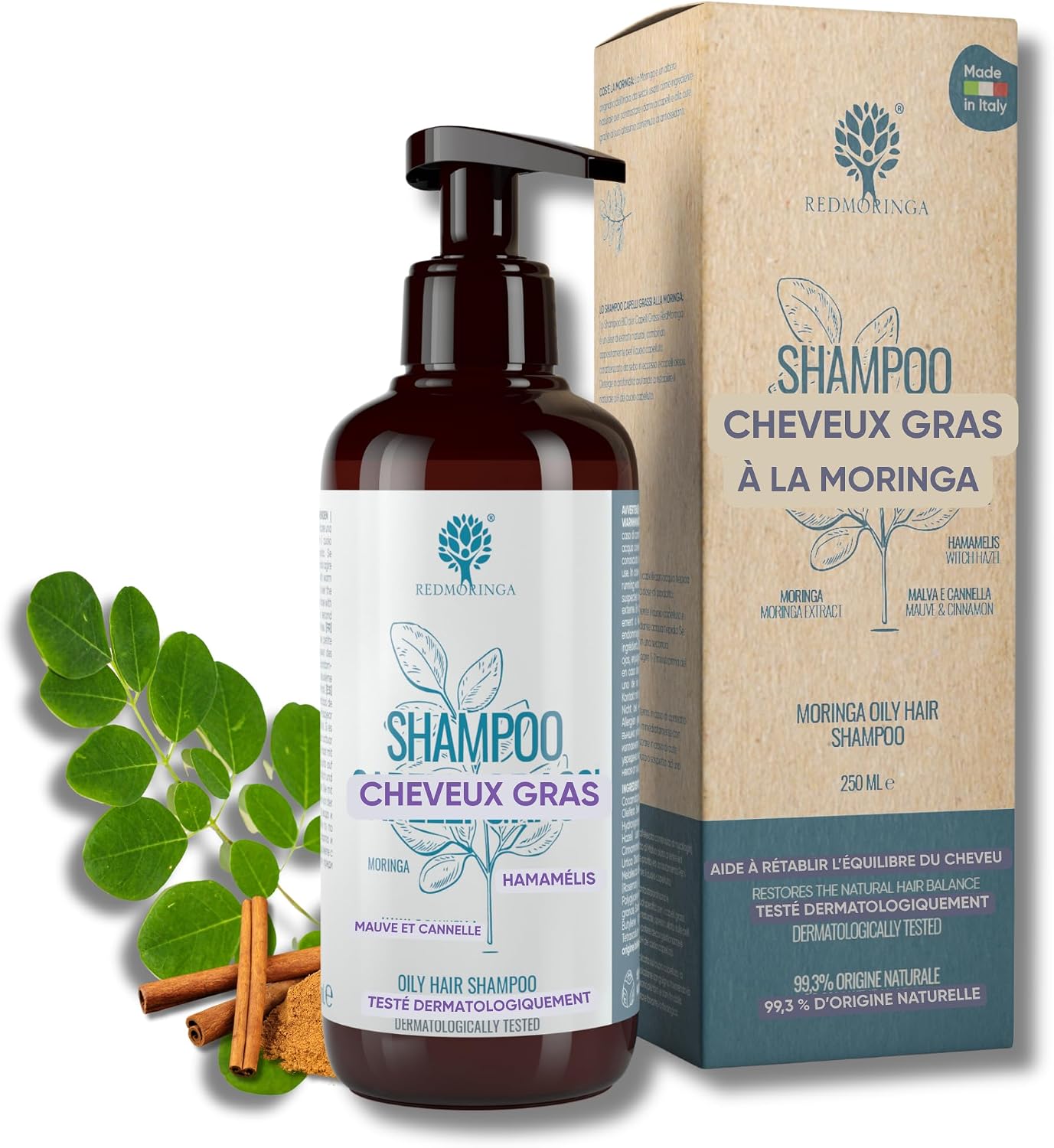 RedMoringa Seboregulating Shampoo for Oily Hair - Deep Cleanses and Restores Scalp pH - 99.5% Natural - With Moringa, Purple, Cinnamon and Witch Hazel - 250 ml - Image 2