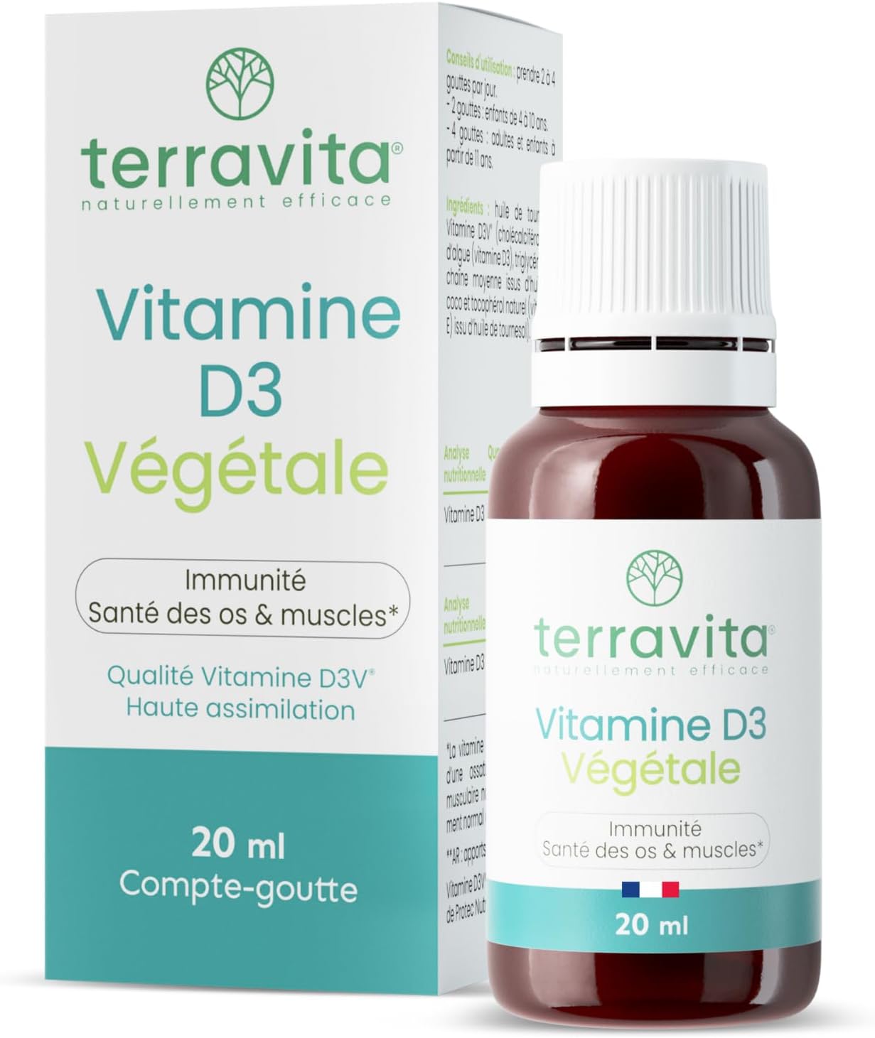 Vegetable Vitamin D3 D3V | 2000 IU | 20 ml Bottle | 8 Months of Cure | High Absorption | Bone Health & Immunity | Children and Adults | Coconut Oil TCM | Vegan and Made in France | Terravita - Image 2