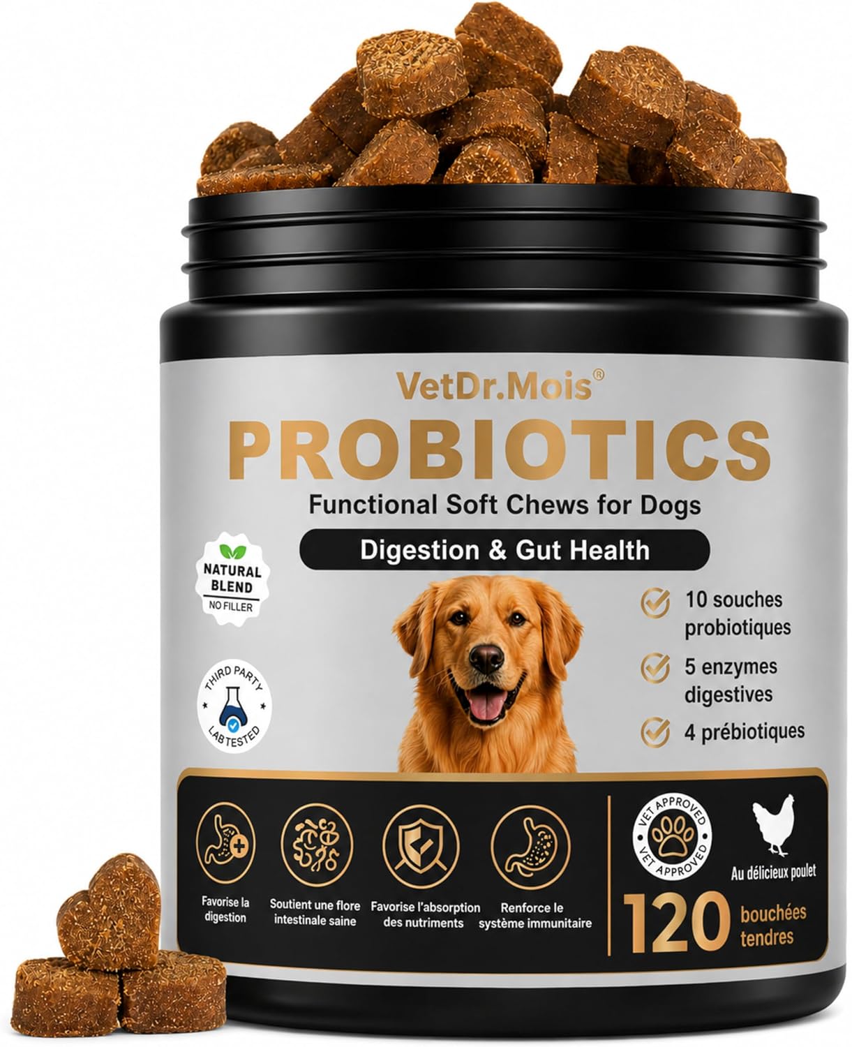 VetDr.Month Probiotics for Dogs, 120 Tender Chicken, Digestion and Gut Health, 10 Probiotic Strains, 5 Digestive Enzymes, 4 Prebiotics - Image 2