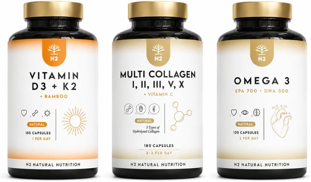 Vitamin D3 K2 5000 IU, Multi Collagen 1650 mg & Omega 3 2000 mg, 450 Capsules. N2 Natural Nutrition - Image 2