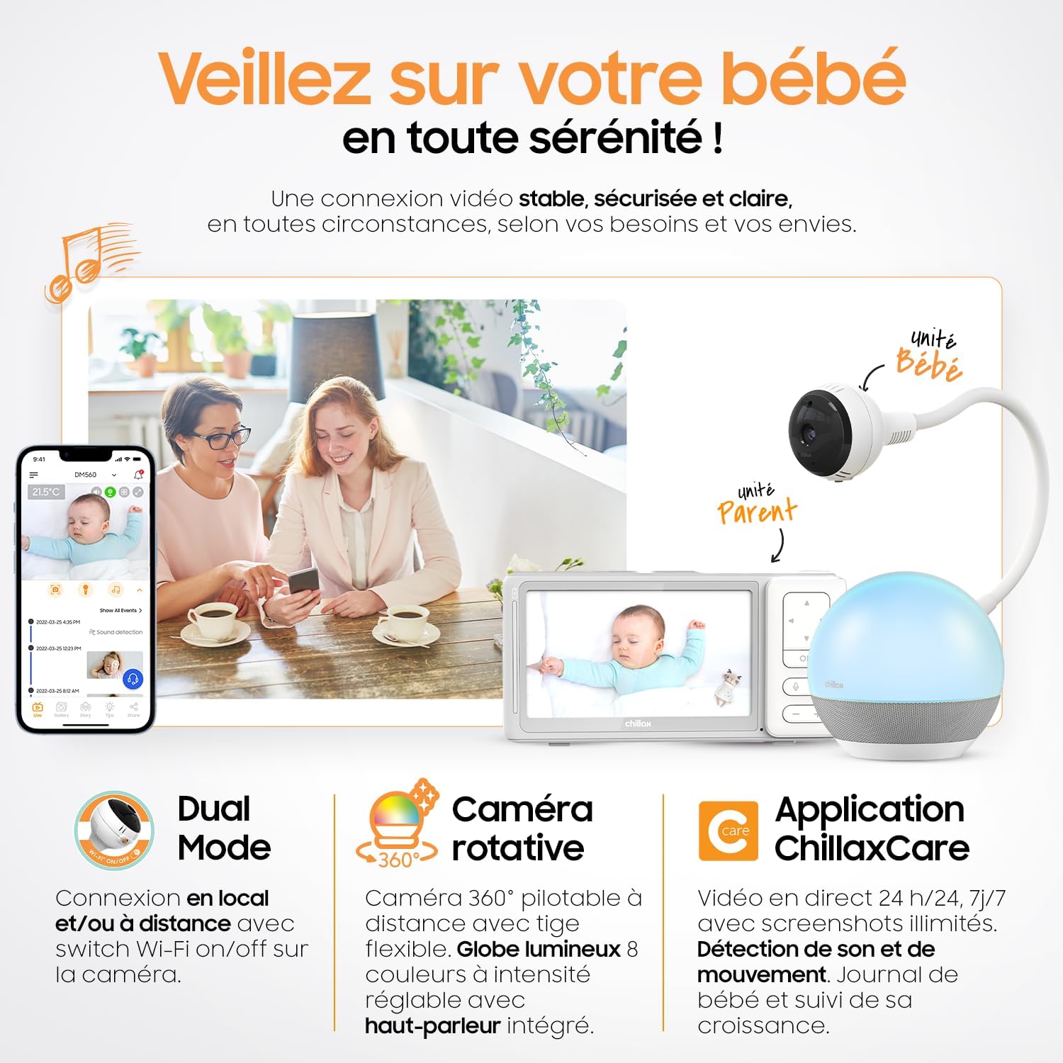 CHILLAX - Giraffe Mood Sleep Trainer Baby Monitor - 5'' HD LCD Screen - 360° 1080p Camera - Flexible Stem - Sleep Learning & Night Light Multicolor - Walkie Talkie - WiFi on/Off - App - Image 4