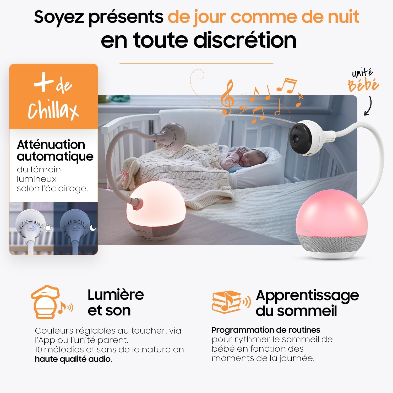 CHILLAX - Giraffe Mood Sleep Trainer Baby Monitor - 5'' HD LCD Screen - 360° 1080p Camera - Flexible Stem - Sleep Learning & Night Light Multicolor - Walkie Talkie - WiFi on/Off - App - Image 6