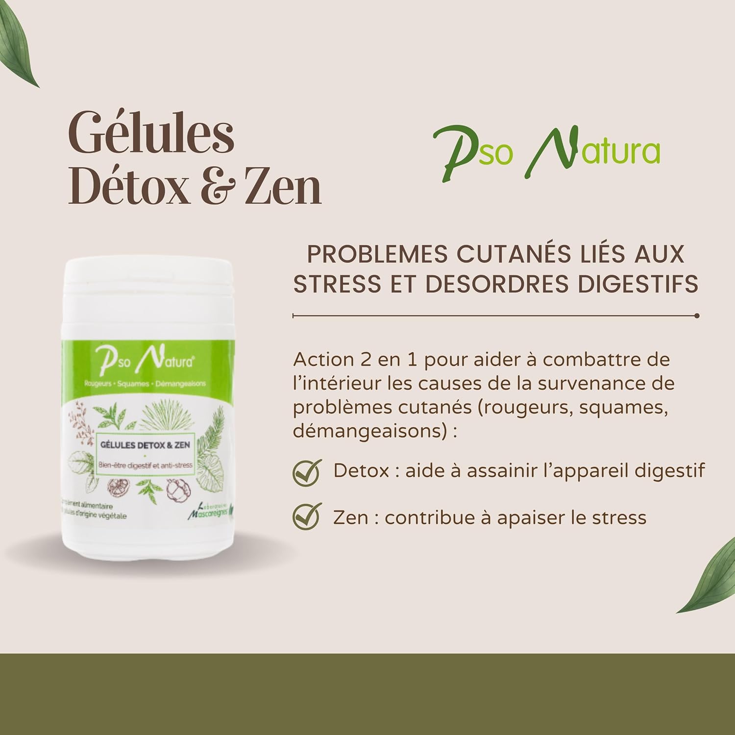 PSO NATURA Detox & Zen Capsules - Skin Supplement - Stress/Detox Liver and Digestive Comfort - Skin Prone to Redness, Dander, Psoriasis and Eczema - 60 Capsules - 100% Natural - Image 3