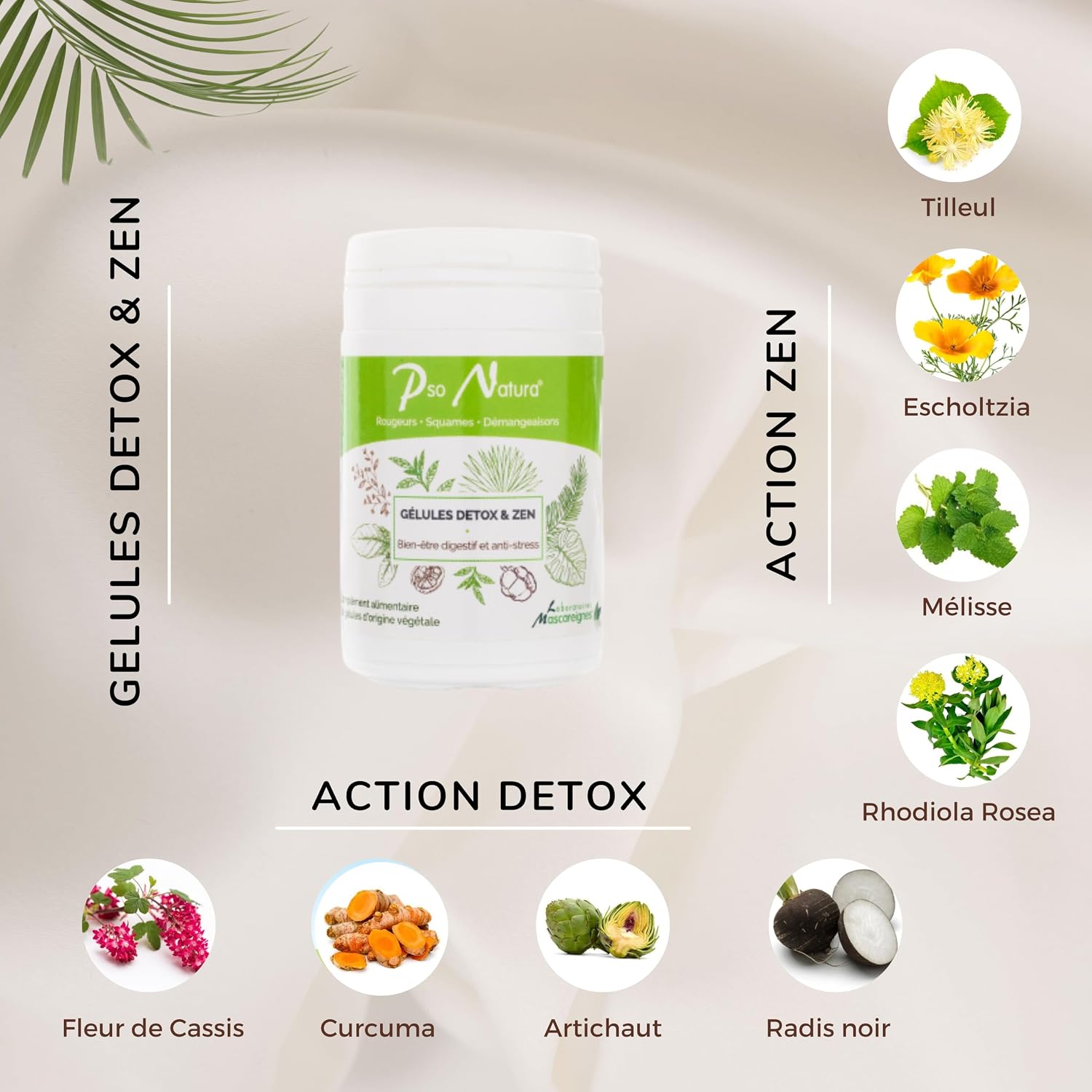 PSO NATURA Detox & Zen Capsules - Skin Supplement - Stress/Detox Liver and Digestive Comfort - Skin Prone to Redness, Dander, Psoriasis and Eczema - 60 Capsules - 100% Natural - Image 5