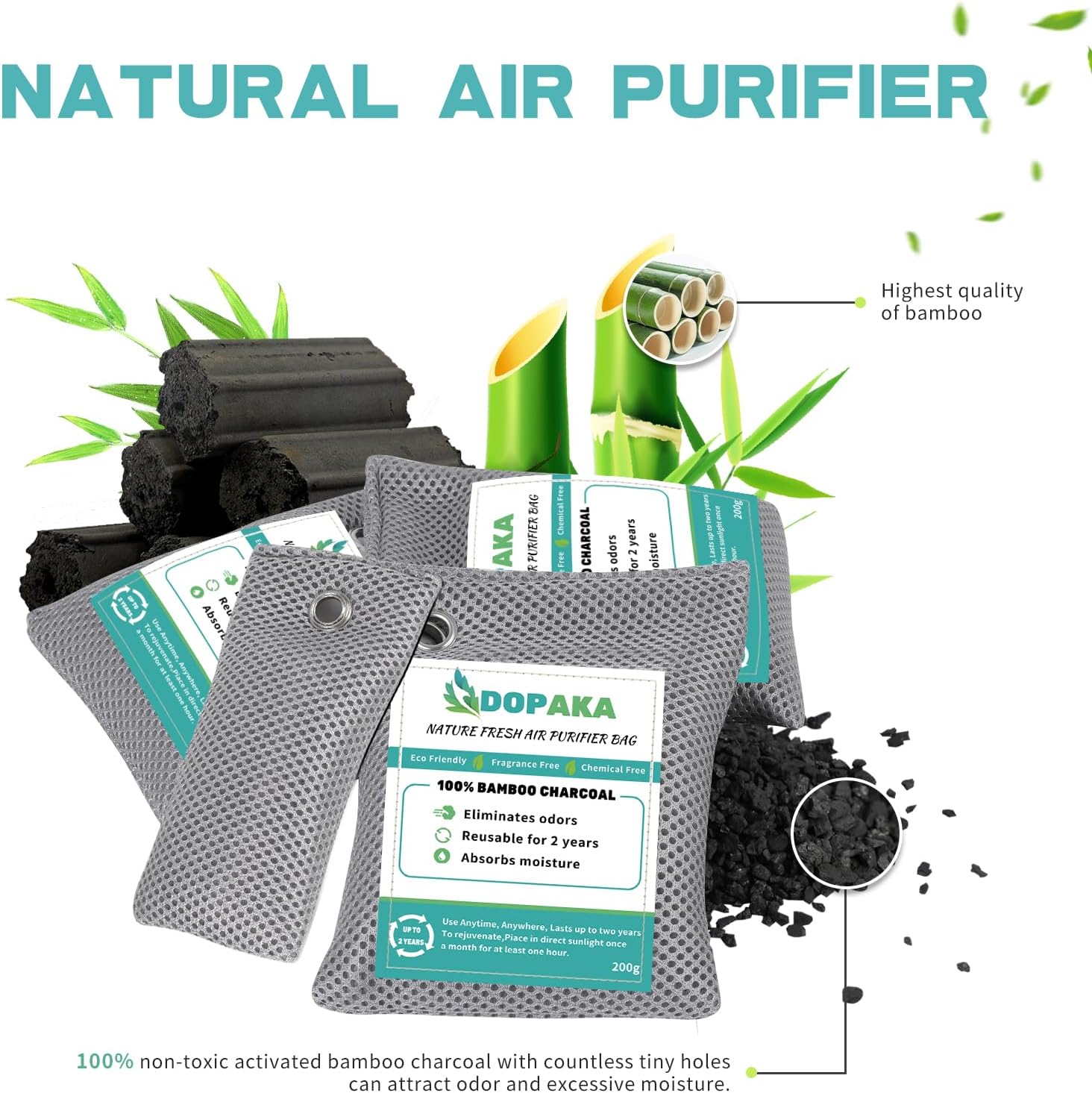 Bamboo Activated Carbon Air Purifier Bags, Pack of 6 Bamboo Charcoal Bags for Air Purification, Absorbs Odours, Absorbs Moisture, Natural Car Air Freshener (6 x 200 g) - Image 3