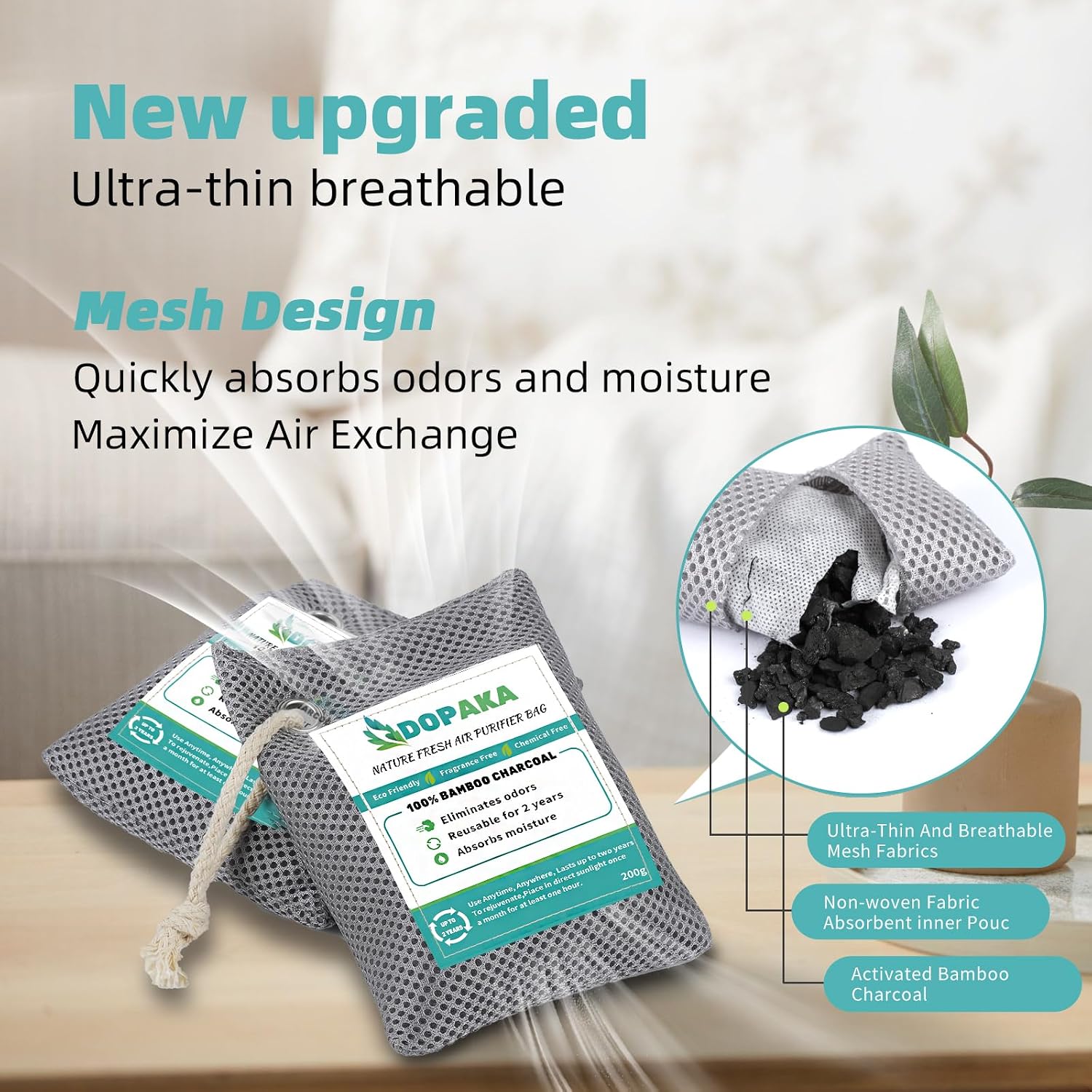 Bamboo Activated Carbon Air Purifier Bags, Pack of 6 Bamboo Charcoal Bags for Air Purification, Absorbs Odours, Absorbs Moisture, Natural Car Air Freshener (6 x 200 g) - Image 4