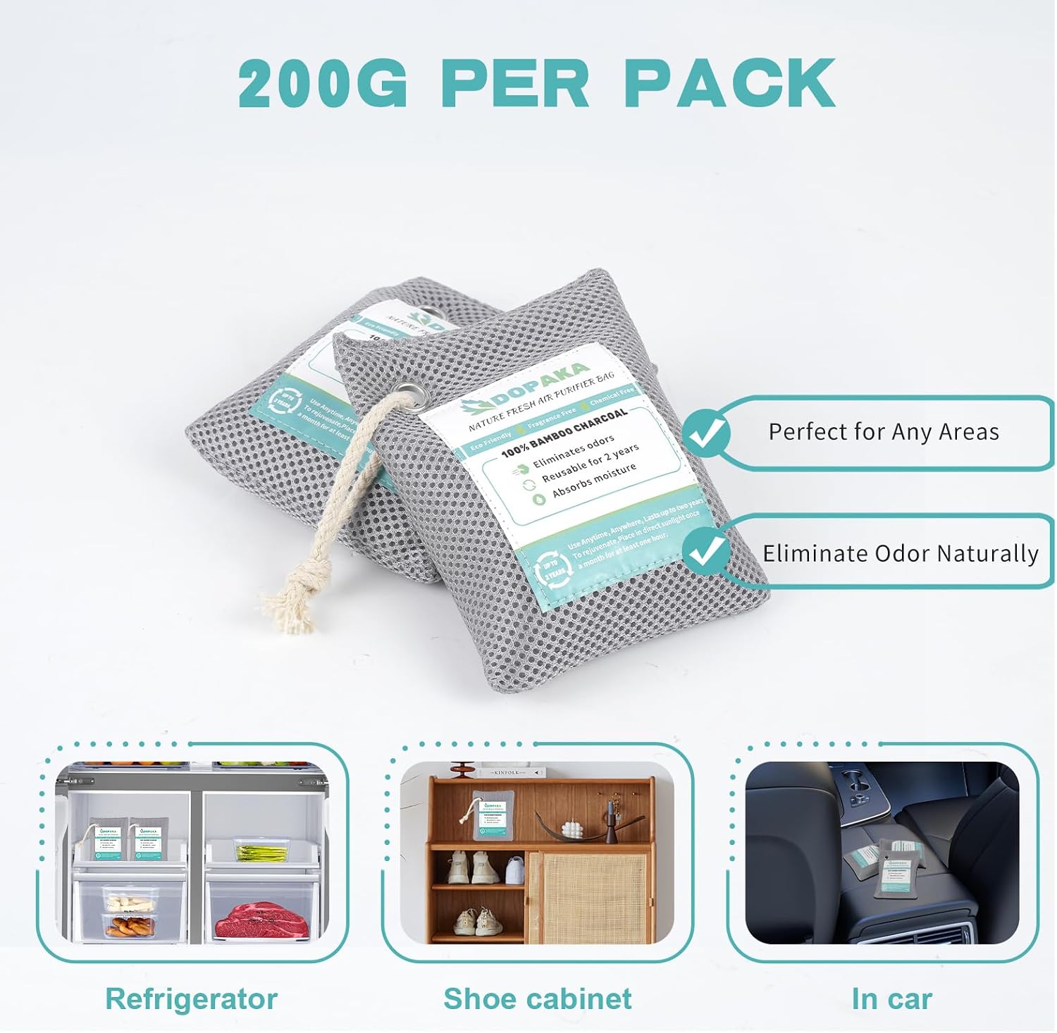 Bamboo Activated Carbon Air Purifier Bags, Pack of 6 Bamboo Charcoal Bags for Air Purification, Absorbs Odours, Absorbs Moisture, Natural Car Air Freshener (6 x 200 g) - Image 5