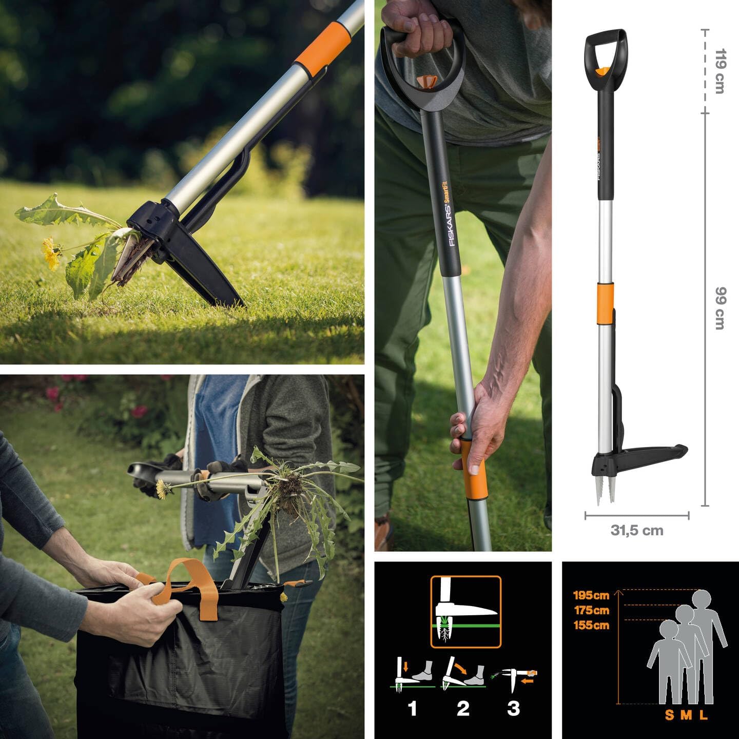 Fiskars 1077306 Telescopic Weeder, Length 1 - 1.2 m, Stainless Steel Arm/Plastic Handle, Black/Orange, Smart-Fit - Image 3