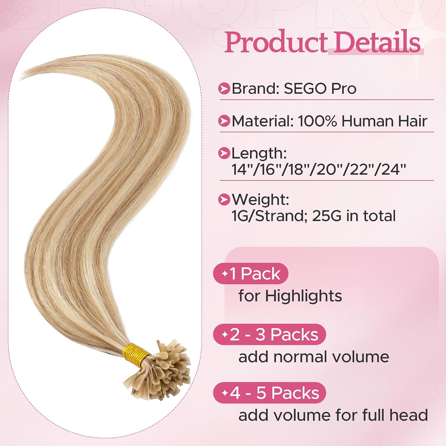 Natural Keratin Hair Extensions 1g 25 Strands #12/613 Golden Brown & Bleached Blonde 35 cm Human Hair Extensions Remy Hot (20 g) - Image 4