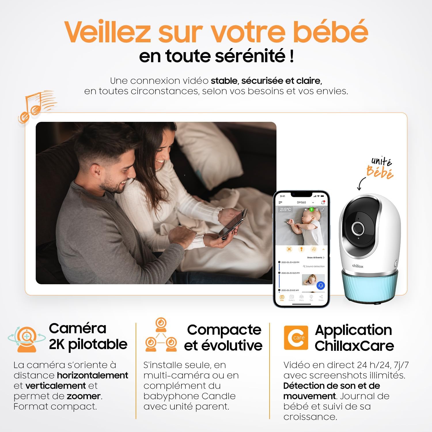 CHILLAX - Baby Camera Candle - 2K QHD 360° Panoramic Remote Control - Compact Size - Night Vision - Temperature Sensor with Alert - Walkie Talkies - Night Lights & Lullabies - with App - Image 3