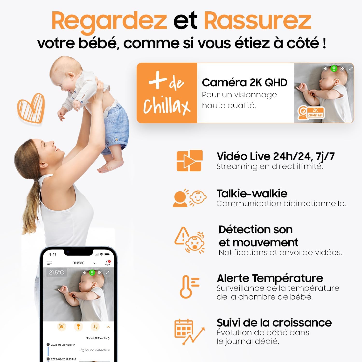 CHILLAX - Baby Camera Candle - 2K QHD 360° Panoramic Remote Control - Compact Size - Night Vision - Temperature Sensor with Alert - Walkie Talkies - Night Lights & Lullabies - with App - Image 4
