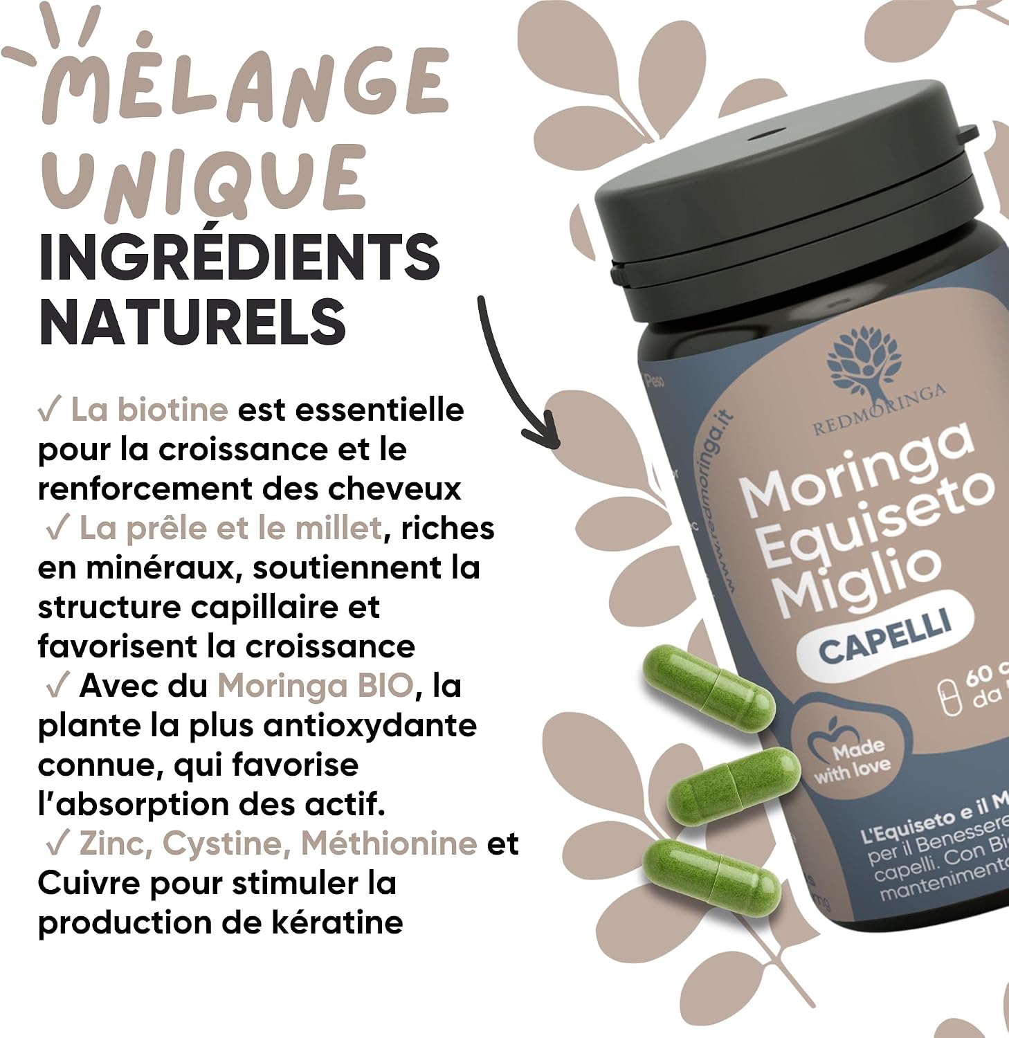 Anti Hair Loss Women Men - Biotin Organic Moringa, Vitamins, Equisetum, Millet for Fast Growth | Hair and Nail Fortification | 60 Vegetable Capsules | RedMoringa - Image 8