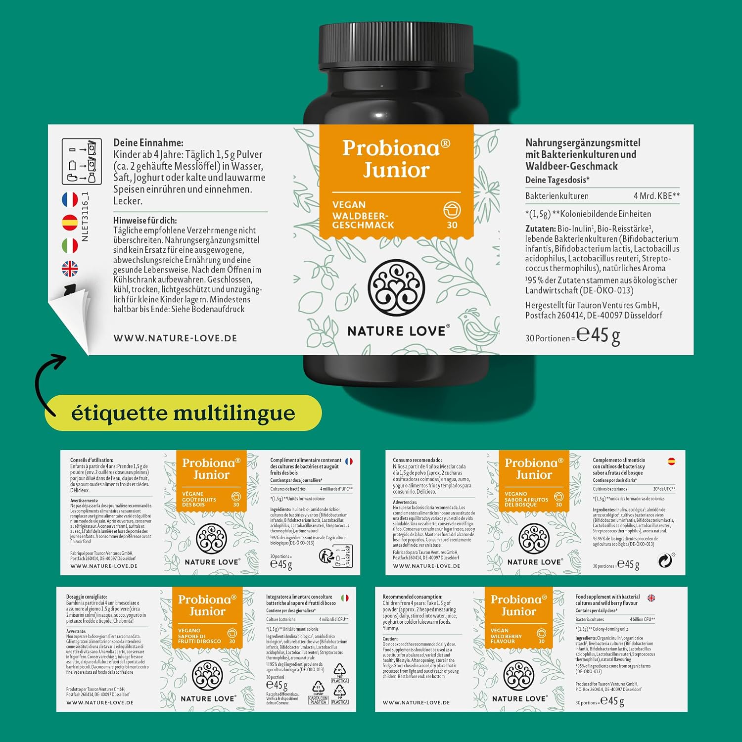 NATURE LOVE Probiona Junior - 45 g of powder - intestinal bacteria for children from 4 years - 5 bacterial strains - Lactobacillus, Bifidobacterium and inulin - vegan and laboratory controlled - Image 6