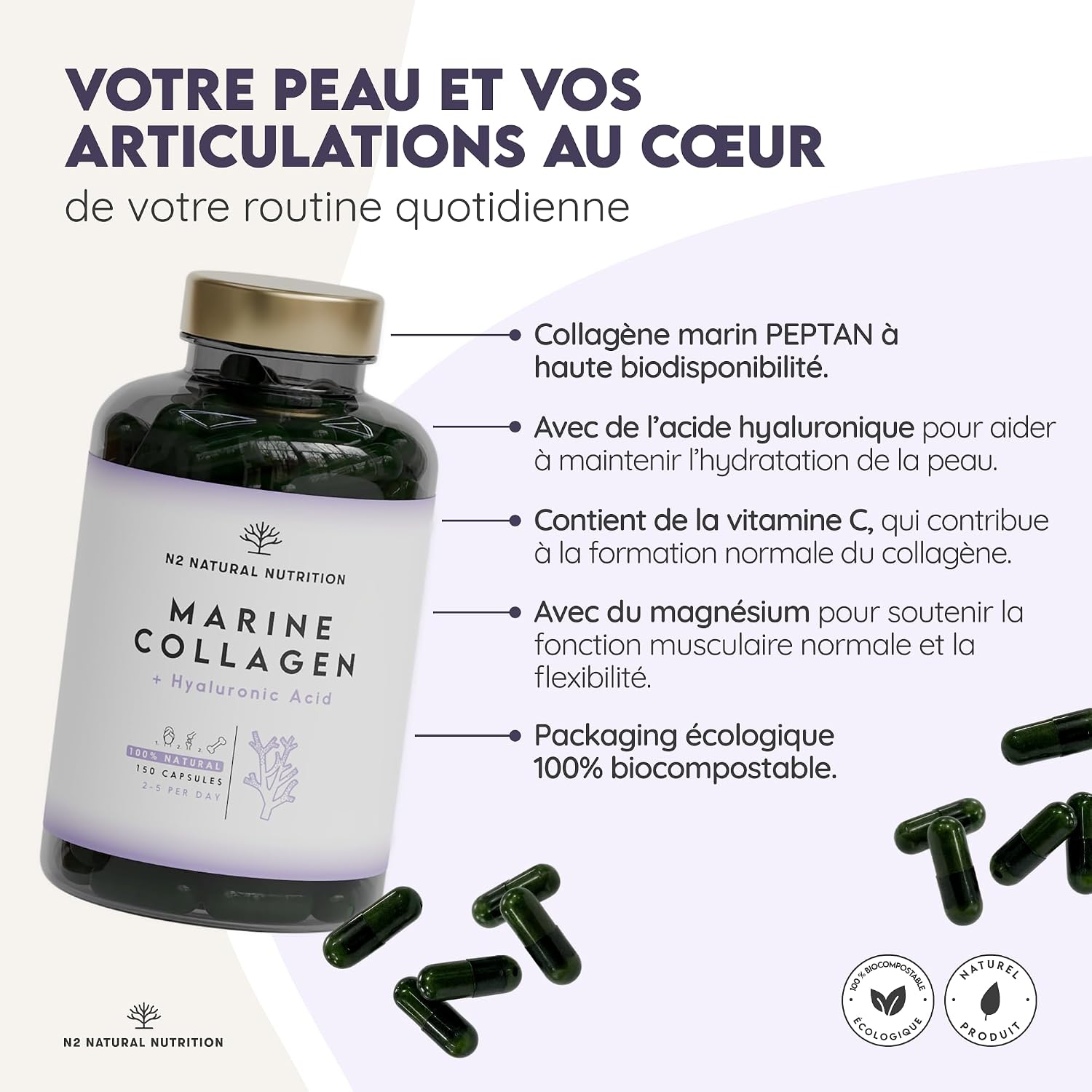 COLLAGENE MARIN Peptan Type 1 with Hyaluronic Acid, Vitamin C and Magnesium | Skin, Hair & Joint Care. 150 Capsules, 75 Days EU. N2 Natural Nutrition - Image 3