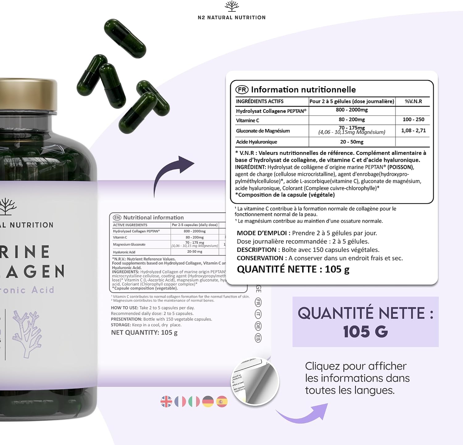 COLLAGENE MARIN Peptan Type 1 with Hyaluronic Acid, Vitamin C and Magnesium | Skin, Hair & Joint Care. 150 Capsules, 75 Days EU. N2 Natural Nutrition - Image 10