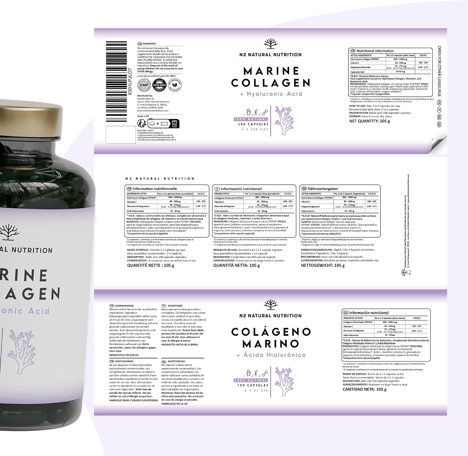 COLLAGENE MARIN Peptan Type 1 with Hyaluronic Acid, Vitamin C and Magnesium | Skin, Hair & Joint Care. 150 Capsules, 75 Days EU. N2 Natural Nutrition - Image 11