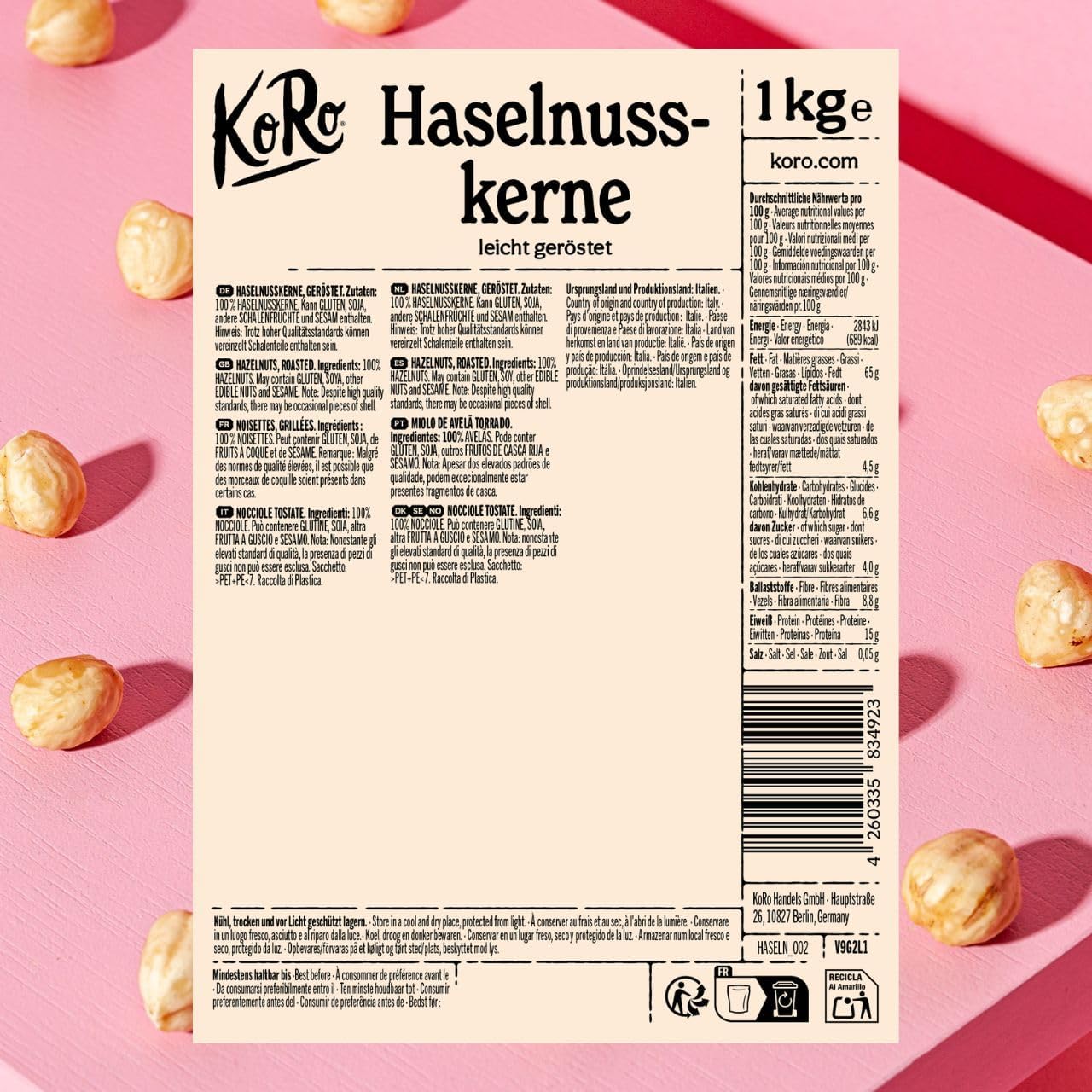 KoRo - Roasted hazelnuts 1 kg - Hazelnuts pruned and without additives or preservatives, perfect for cooking or as a snack - Image 3
