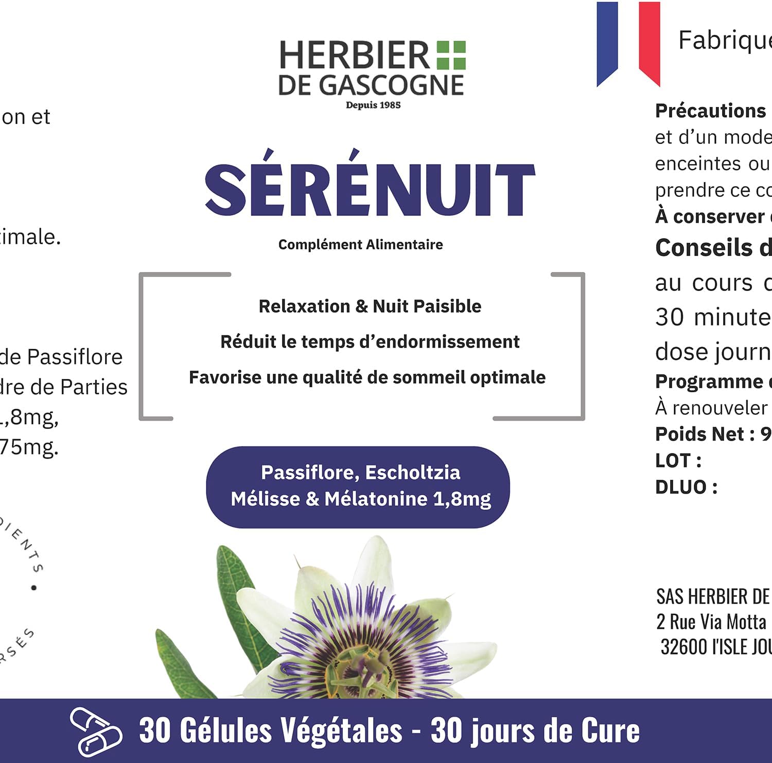 Serenuit | Melatonin Highly Dosed 1.8mg + 3 Organic Plants | Passionflower Lemon Balm Escholtzia | Sleep & Relaxation | 1 Month | 30 Capsules | 100% Natural | Herbarium of Gascony | Herbalist Since 1985 - Image 4