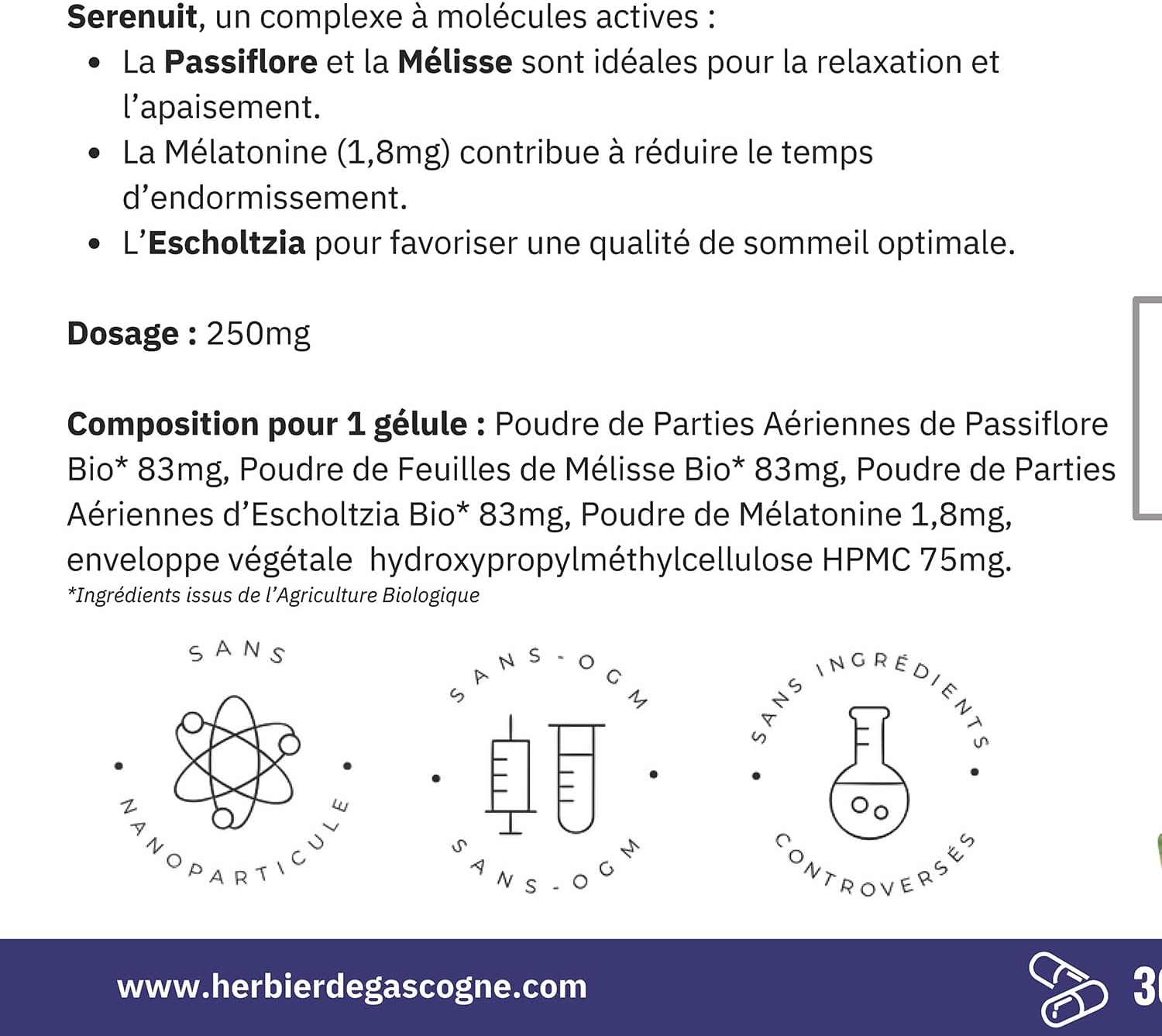 Serenuit | Melatonin Highly Dosed 1.8mg + 3 Organic Plants | Passionflower Lemon Balm Escholtzia | Sleep & Relaxation | 1 Month | 30 Capsules | 100% Natural | Herbarium of Gascony | Herbalist Since 1985 - Image 5