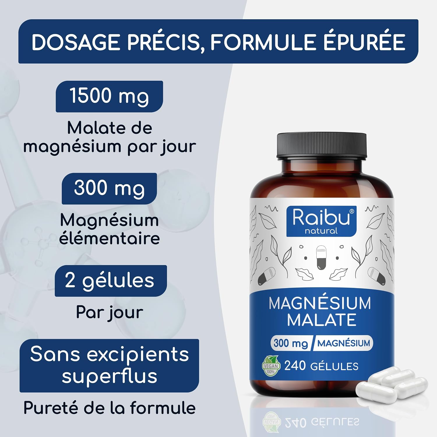 Magnesium Malate 1500 mg per dose - 240 Capsules, 4 Month Treatment - 300mg Magnesium Elemental - Energy, Muscles and Nervous System - High Bioavailability - No Additives, Vegan - Image 4