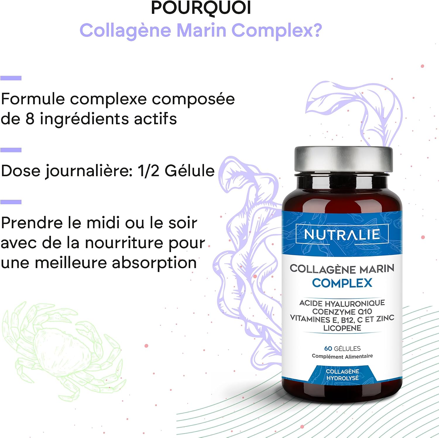 Hydrolysed Marine Collagen + Hyaluronic Acid Q10 Vit C E - Skin - Vitamins C E and Q10 - 100% Type I Collagen Peptides - 60 Capsules Nutralie - Image 4