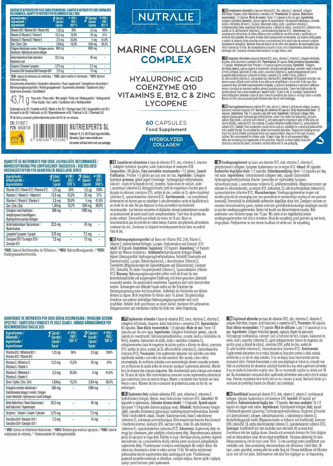 Hydrolysed Marine Collagen + Hyaluronic Acid Q10 Vit C E - Skin - Vitamins C E and Q10 - 100% Type I Collagen Peptides - 60 Capsules Nutralie - Image 7