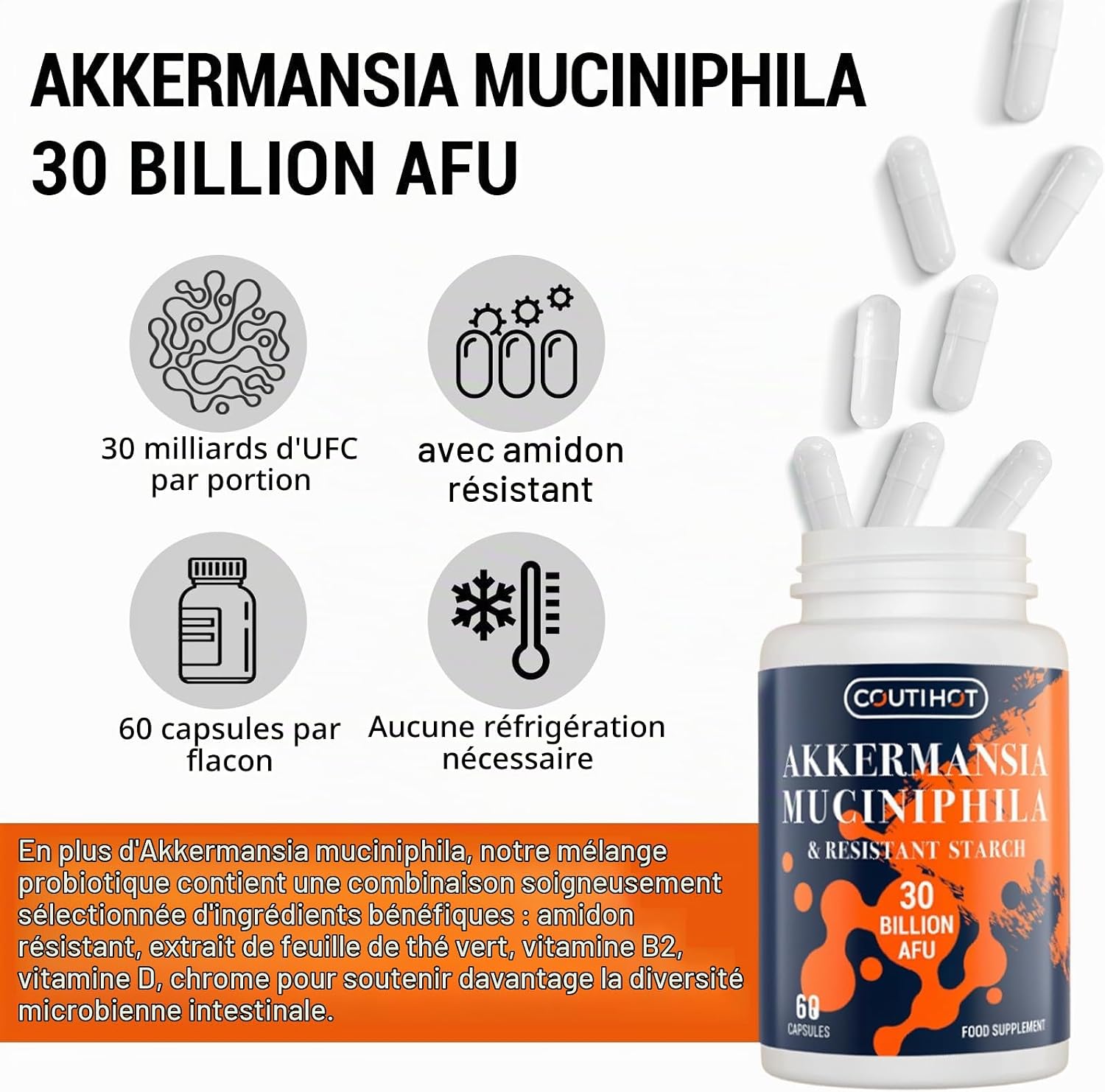 Akkermansia Muciniphila 30 Billion AFU - Enhanced with Resistant Starch | Formule sans OGM et sans gluten pour les femmes et les hommes - 60 capsules à libération retardée (60 Unité (Lot de 1)) - Image 5