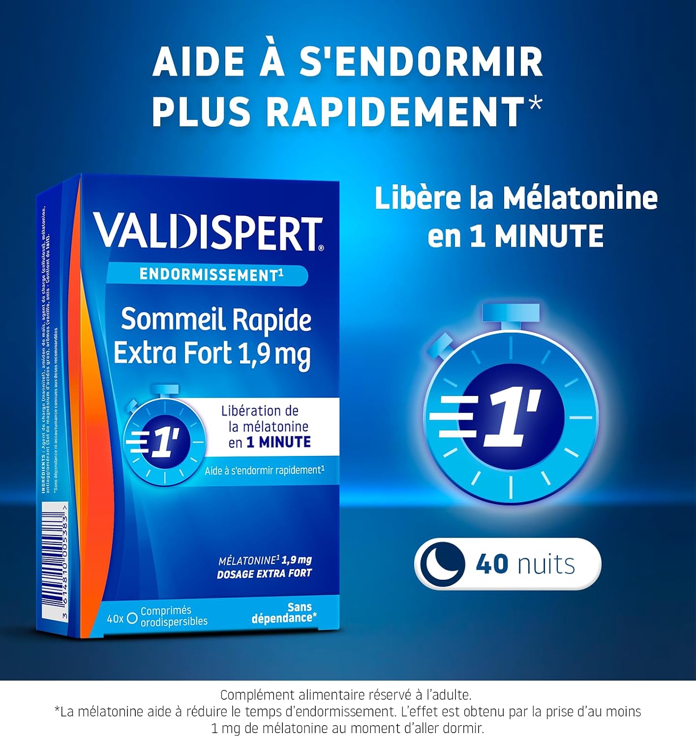 VALDISPERT - Sleep - Extra Strong Rapid Sleep 1.9 mg - Melatonin Dietary Supplement - Fast Release in 1 Minute - Addictive Free - 2 Packs of 40 Orodispersible Tablets - Image 3