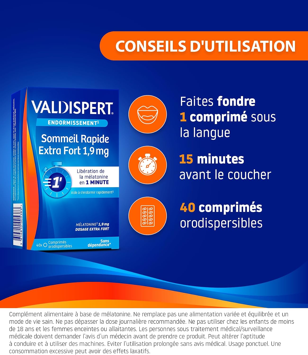 VALDISPERT - Sleep - Extra Strong Rapid Sleep 1.9 mg - Melatonin Dietary Supplement - Fast Release in 1 Minute - Addictive Free - 2 Packs of 40 Orodispersible Tablets - Image 6