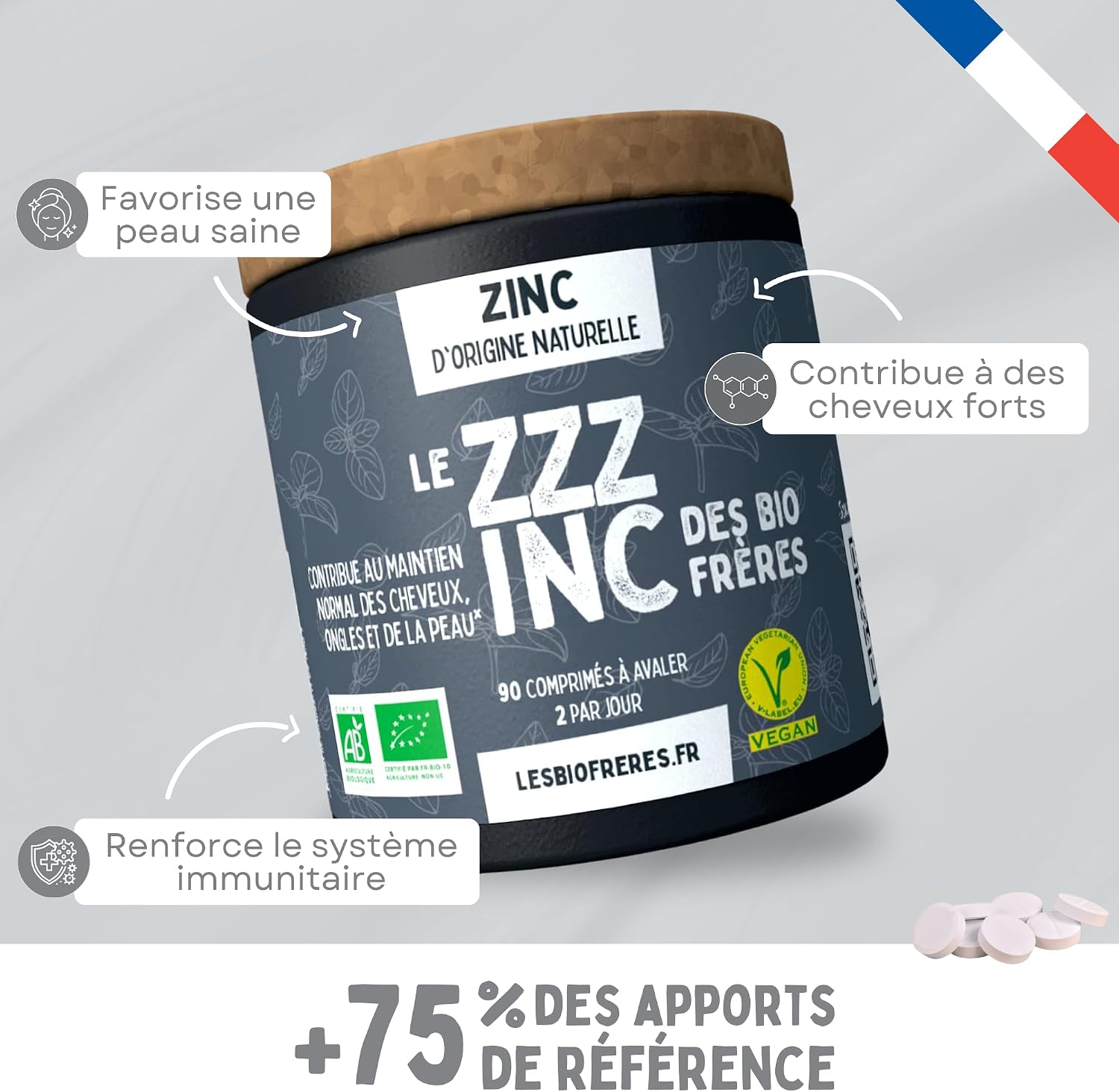 Vegan Bio Zinc 7.5 mg - Immunity and Skin Support - Natural Antioxidant - Hair and Nails - 120 Tablets - Long-Lasting Cure - Gentle Formula Made in France - Image 3