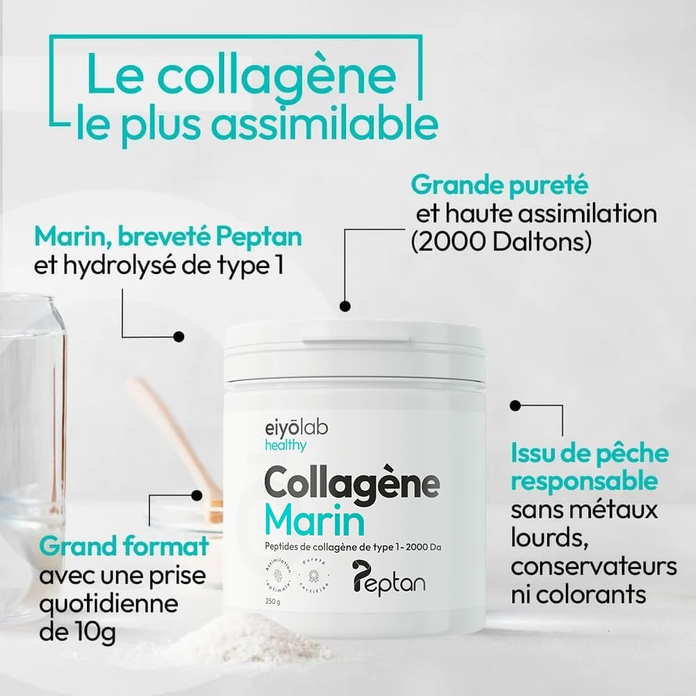Patented Marine Collagen Powder | 250g Pure Collagen Peptides Type 1 | Peptan® | Soft Joints, Smooth and Hydrated Skin | Neutral Taste | 100% French Spine | Eiyolab - Image 4