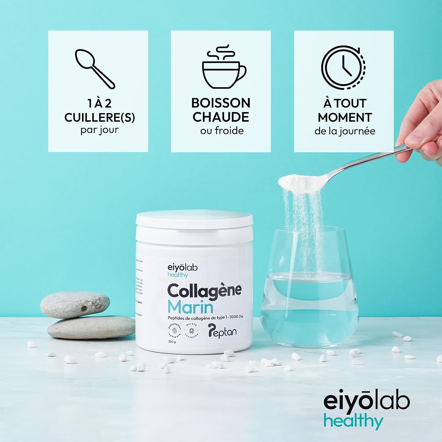 Patented Marine Collagen Powder | 250g Pure Collagen Peptides Type 1 | Peptan® | Soft Joints, Smooth and Hydrated Skin | Neutral Taste | 100% French Spine | Eiyolab - Image 6