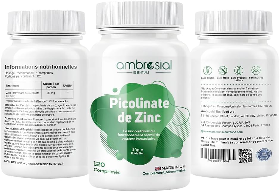 Ambrosial Zinc Picolinate 30mg - High Content Zinc Tablets for Women & Men - GMP Certified - GMP Certified - 120 Tablets (4 Month Format) - Image 3