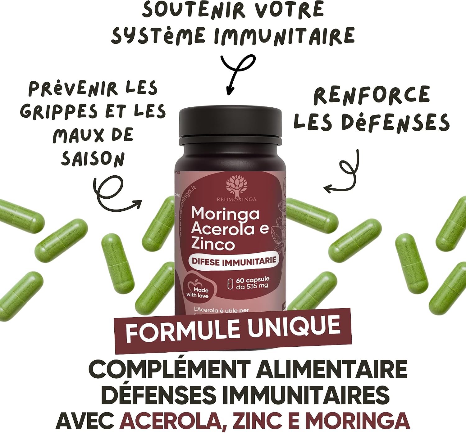 Bio Acerola and Moringa - Supplement with Vitamin C and Zinc to Strengthen the Immune System | The Only with Moringa | RedMoringa for Immunity | Made in Italy - 60 Vegetable Capsules - Image 5