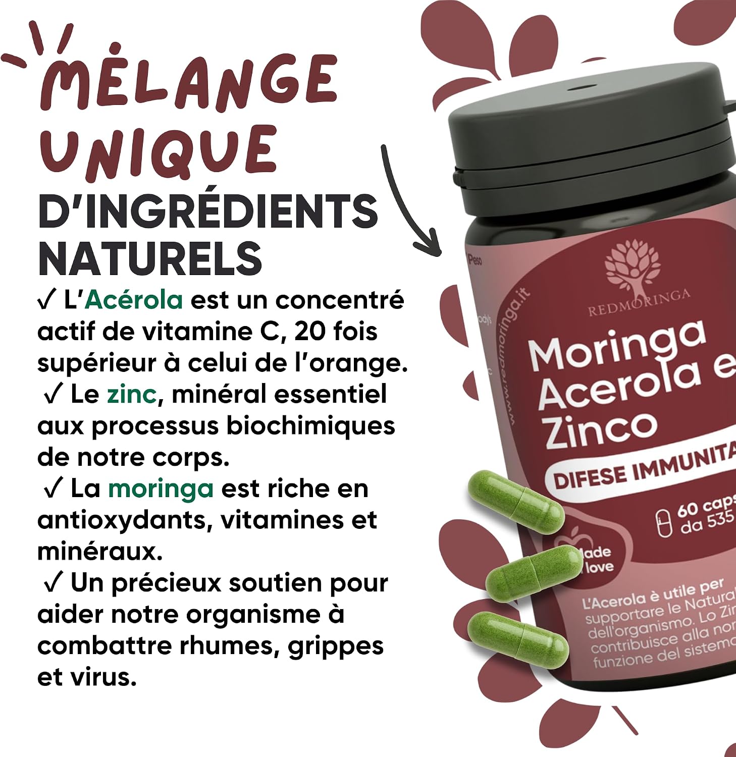 Bio Acerola and Moringa - Supplement with Vitamin C and Zinc to Strengthen the Immune System | The Only with Moringa | RedMoringa for Immunity | Made in Italy - 60 Vegetable Capsules - Image 9
