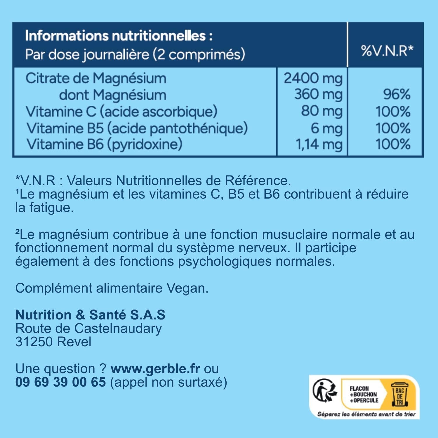 Gerble Magnesium Citrate 360 mg with Vitamin C, B5 & B6 - Energy & Muscle Health Dietary Supplement - Helps Reduce Fatigue - Vegan - No Dyes - 2 Month Program (120 Tablets) - Image 9