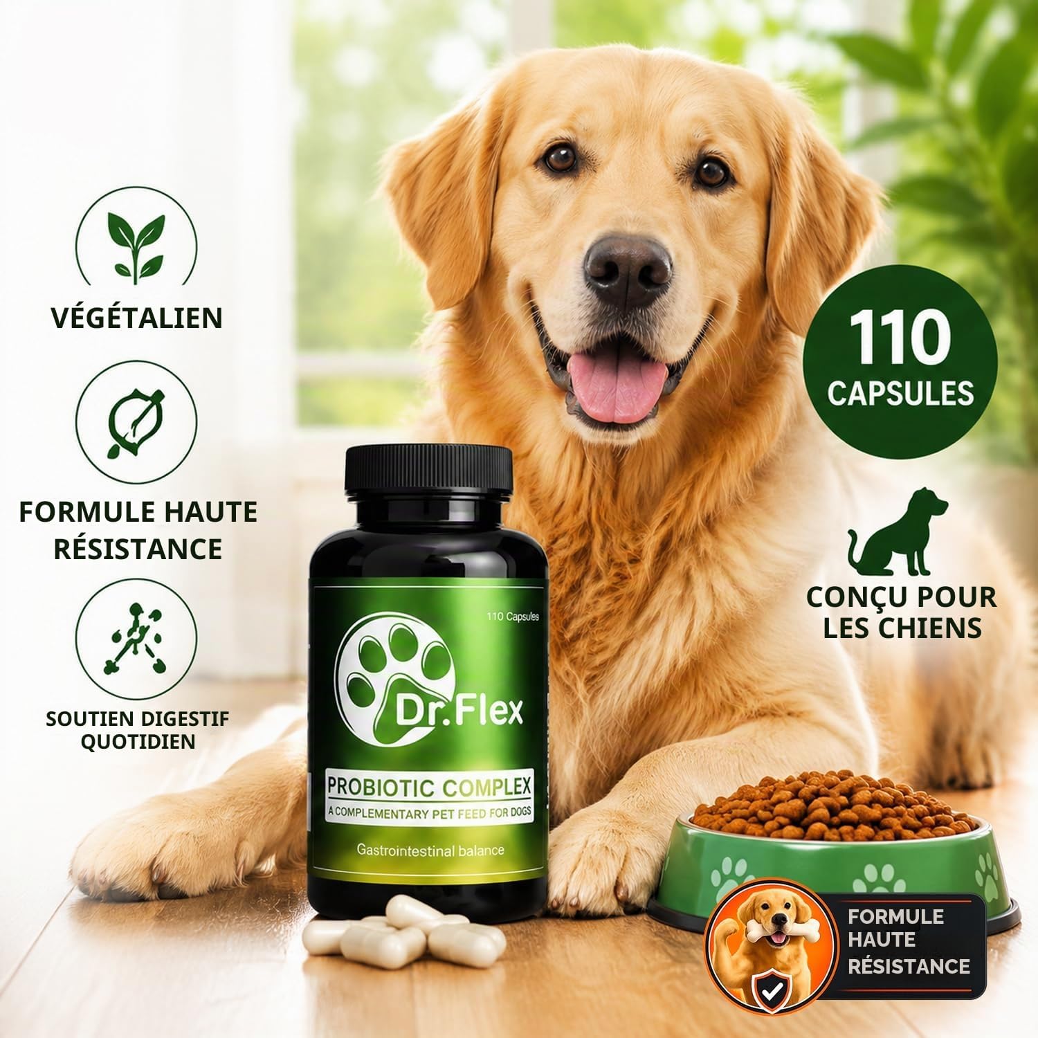 Dr. Flex Probiotic Complex for Dogs – 110 High Dose Capsules with Lactobacillus Acidophilus, Lipase, Cellulase and Protease for Digestion, Intestinal Flora, Gut Health and Vitality - Image 3
