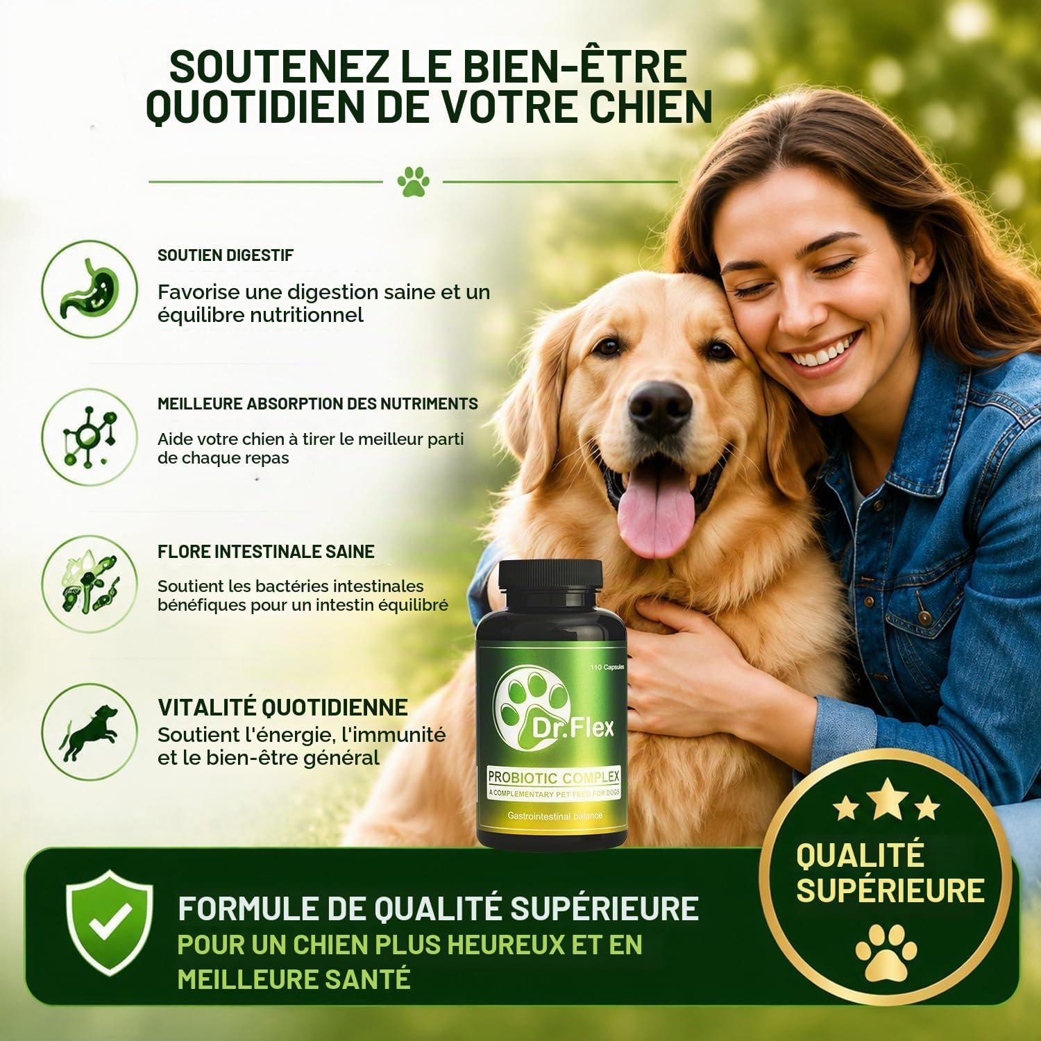 Dr. Flex Probiotic Complex for Dogs – 110 High Dose Capsules with Lactobacillus Acidophilus, Lipase, Cellulase and Protease for Digestion, Intestinal Flora, Gut Health and Vitality - Image 11