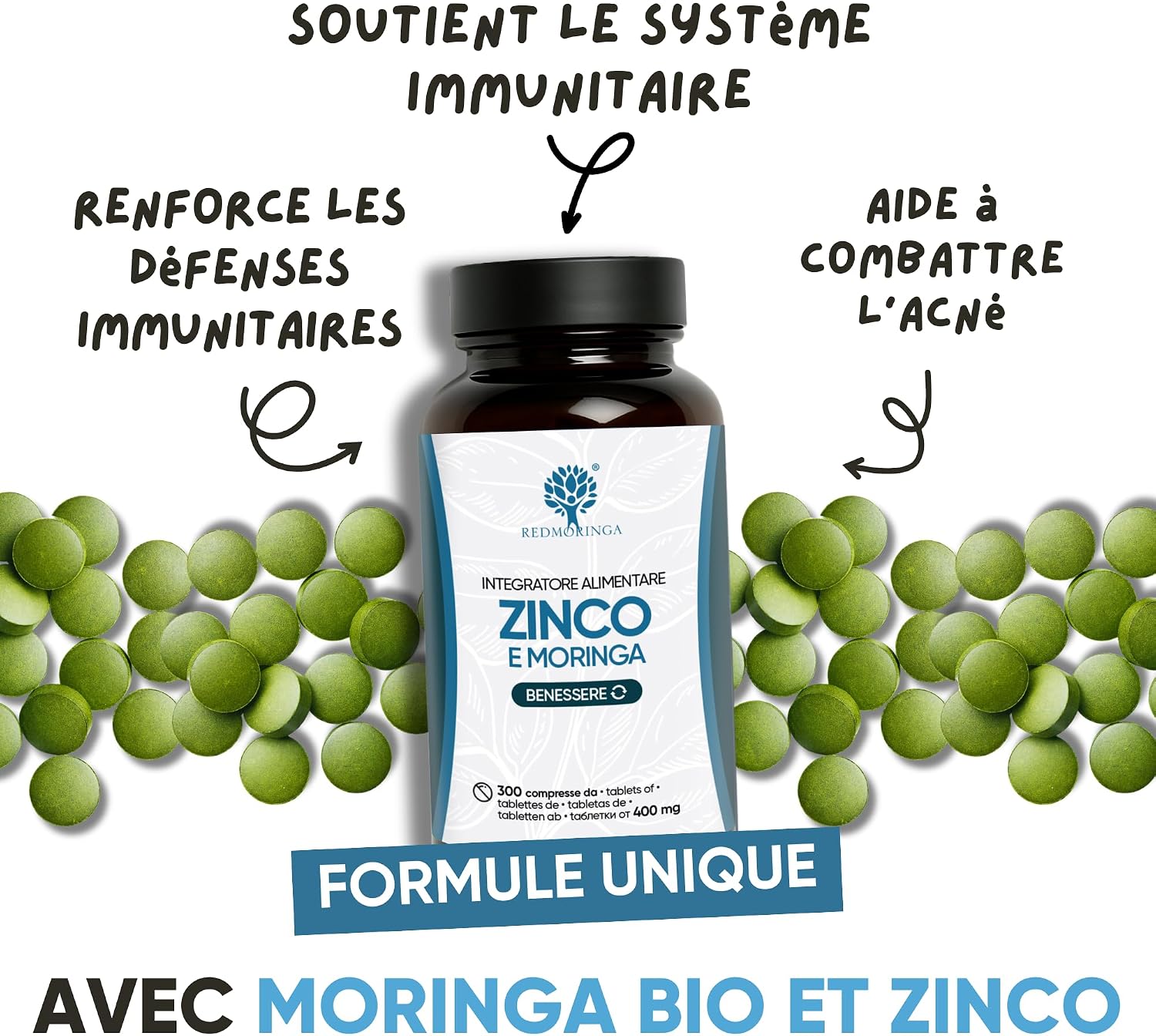 Zinc & Moringa Bio Supplement | Vegan Zinc Tablets 15mg | Useful for Acne, Immune System, Hair, Nails & Bones | Made in Italy RedMoringa (900) - Image 4