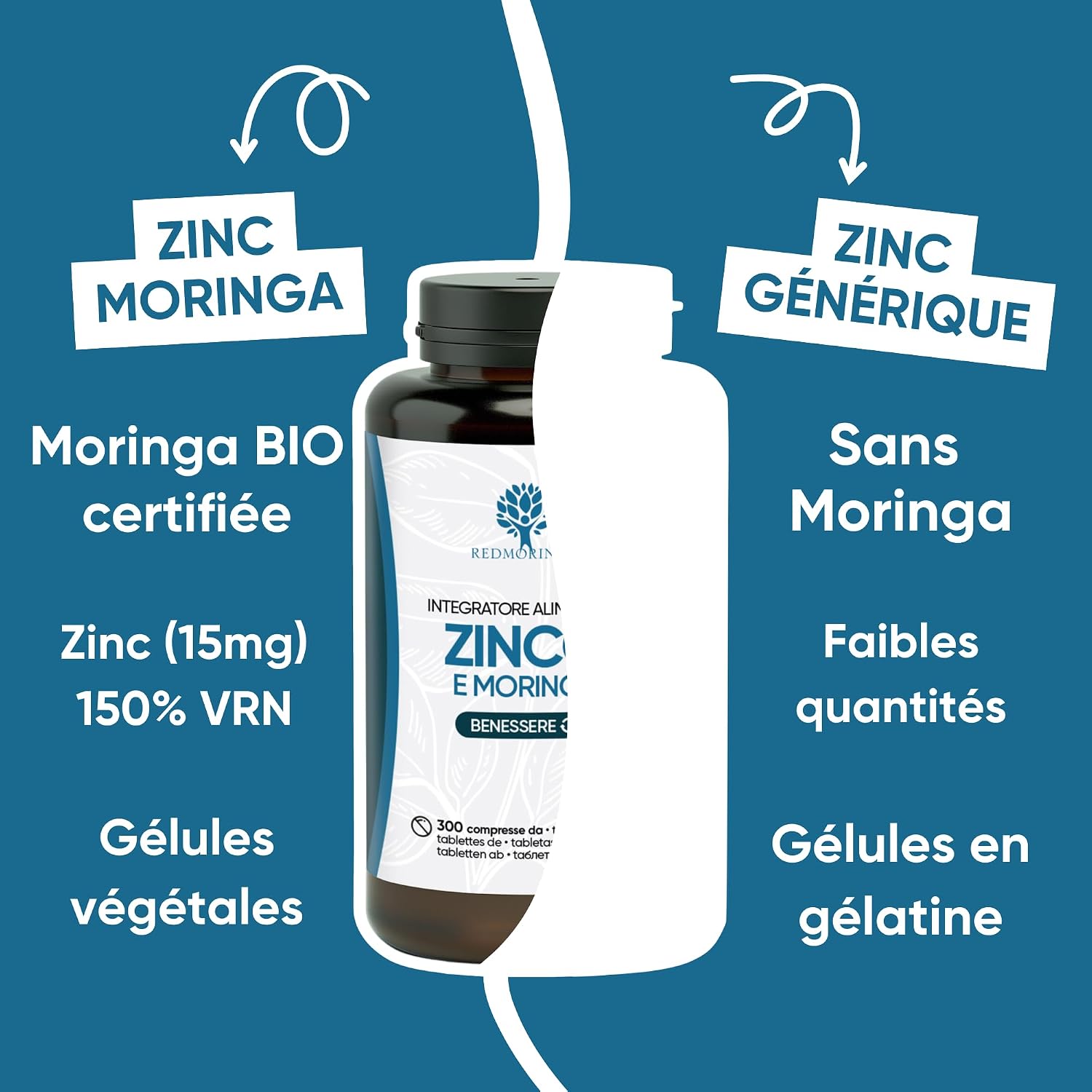 Zinc & Moringa Bio Supplement | Vegan Zinc Tablets 15mg | Useful for Acne, Immune System, Hair, Nails & Bones | Made in Italy RedMoringa (900) - Image 5