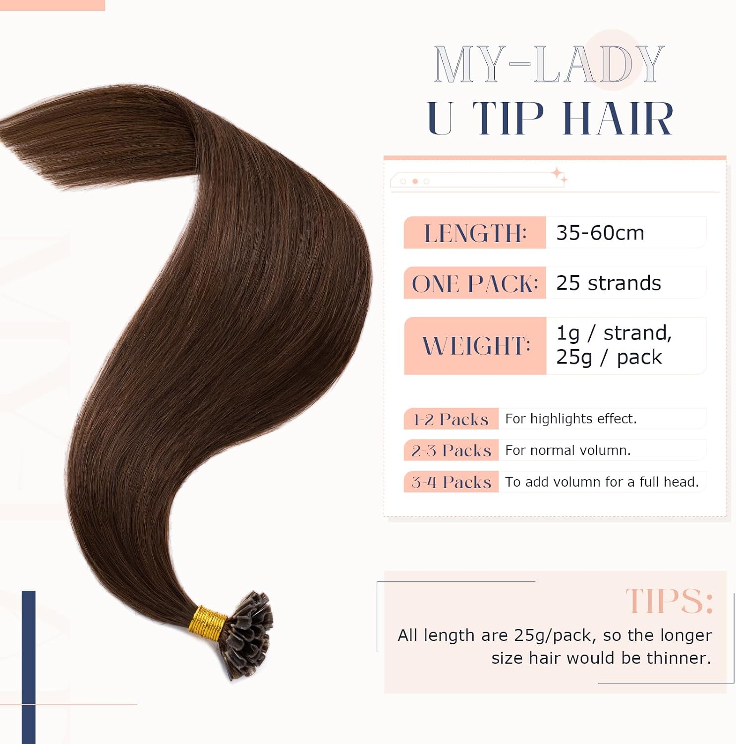 MY-LADY Natural Keratin Hair Extension 25 Pieces/25 Strands Chocolate Brown 35 cm 20 g Hot Remy Human Hair Extension Smooth 14 Inches #04 - Image 3